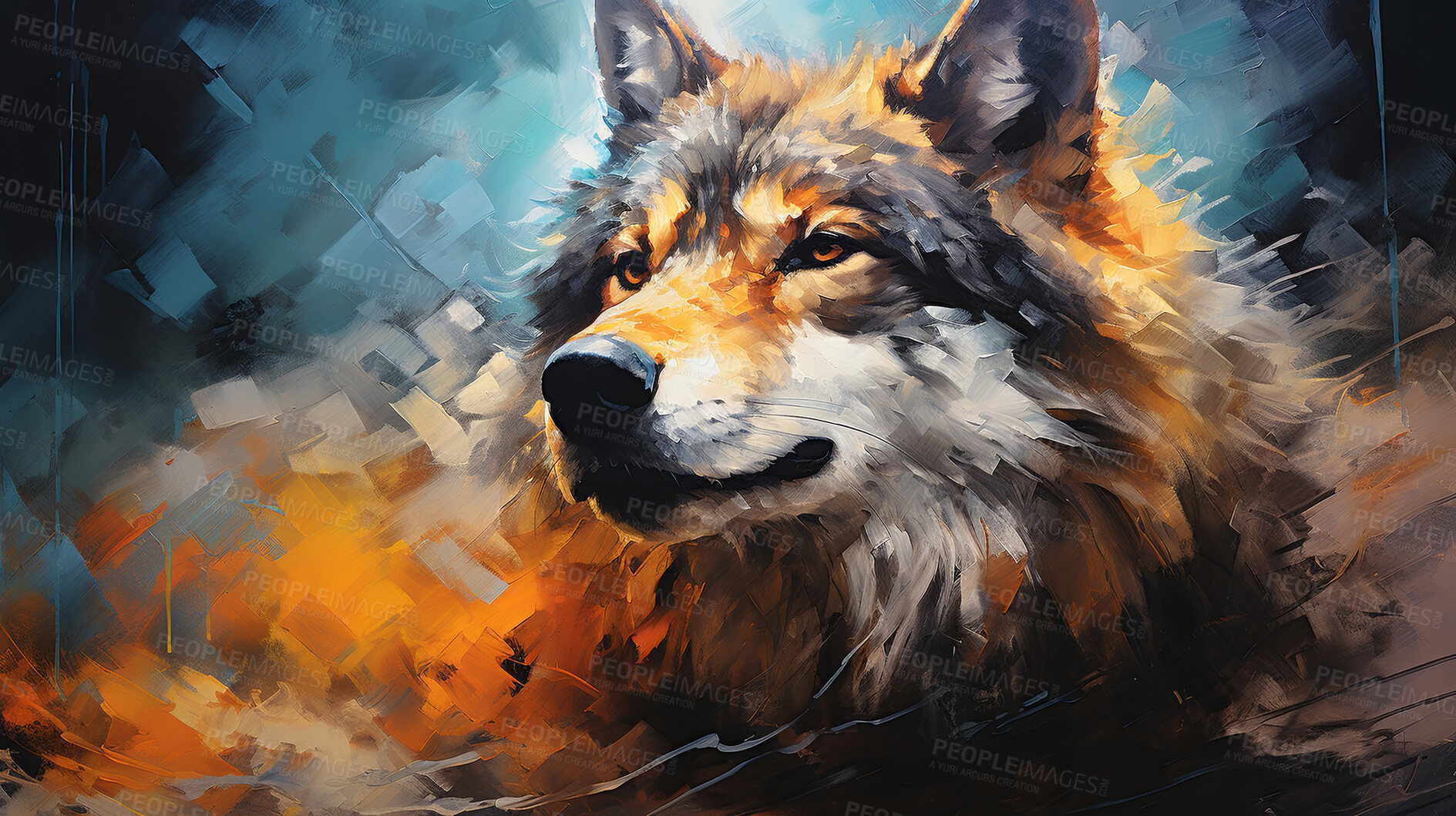 Buy stock photo Vibrant wolf, expressive painting, wild and colorful. Energetic, nature-inspired art for decor, prints and creative expressions. On a dynamic canvas with a touch of untamed beauty.