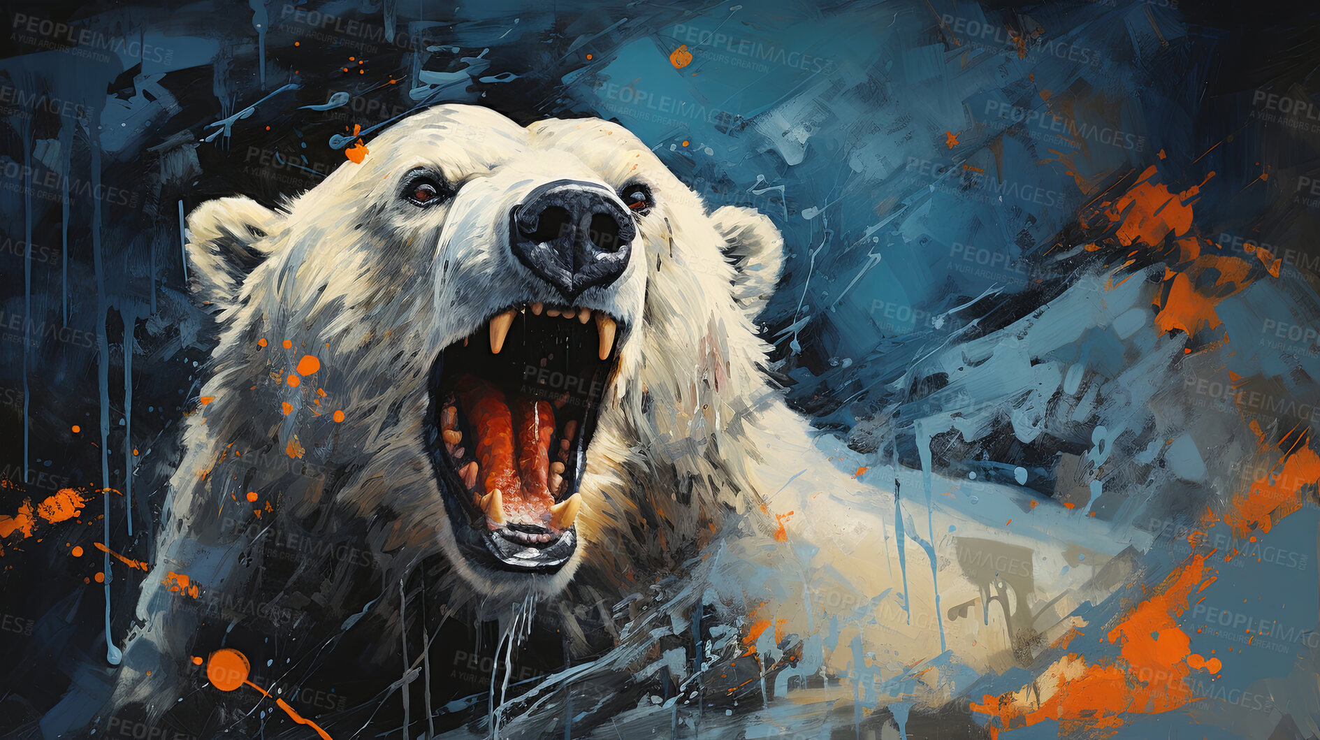 Buy stock photo Polar bear, expressive painting, wild and colorful. Energetic, nature-inspired art for decor, prints and creative expressions. On a dynamic canvas with a touch of untamed beauty.