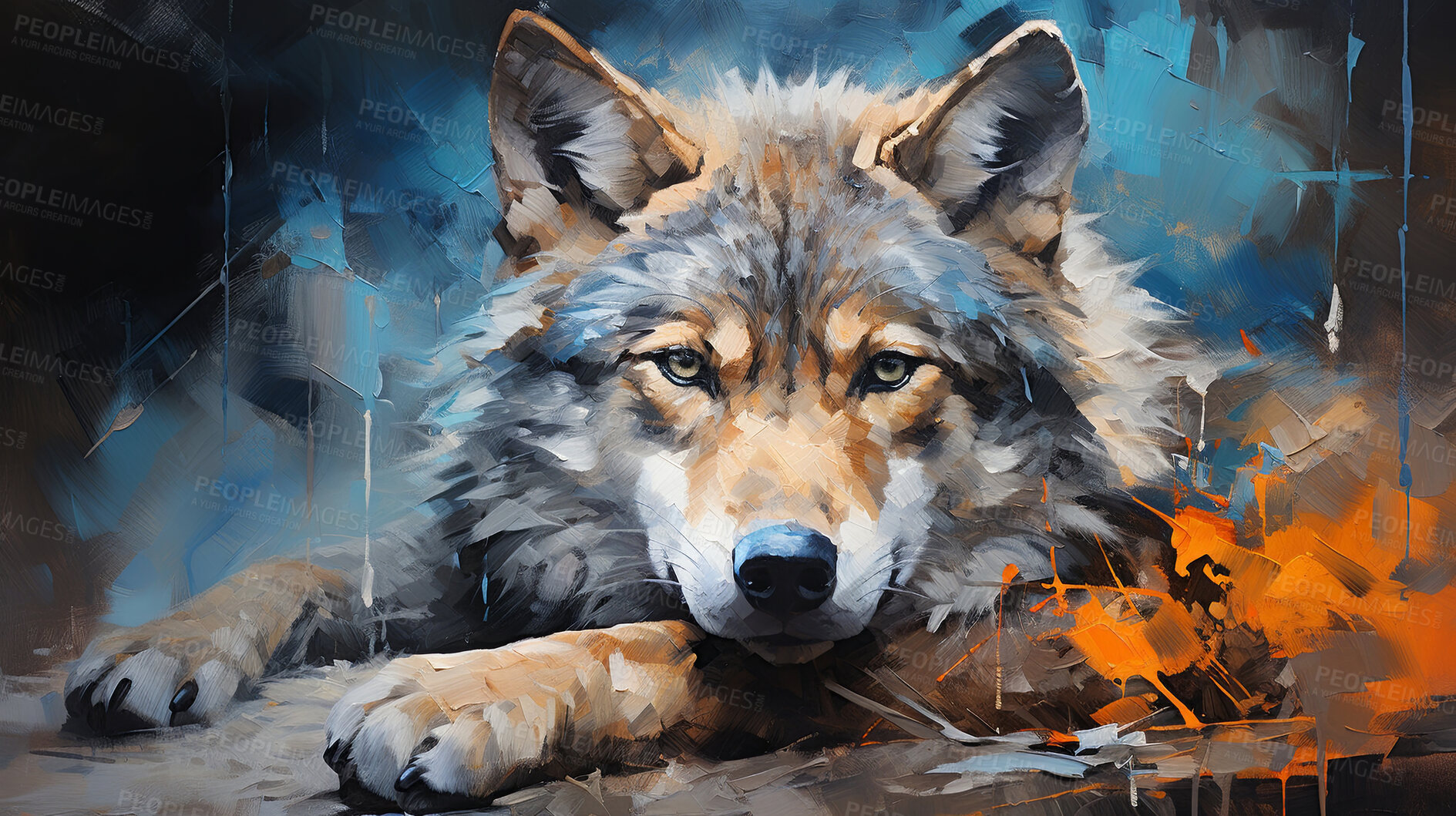 Buy stock photo Vibrant wolf, expressive painting, wild and colorful. Energetic, nature-inspired art for decor, prints and creative expressions. On a dynamic canvas with a touch of untamed beauty.