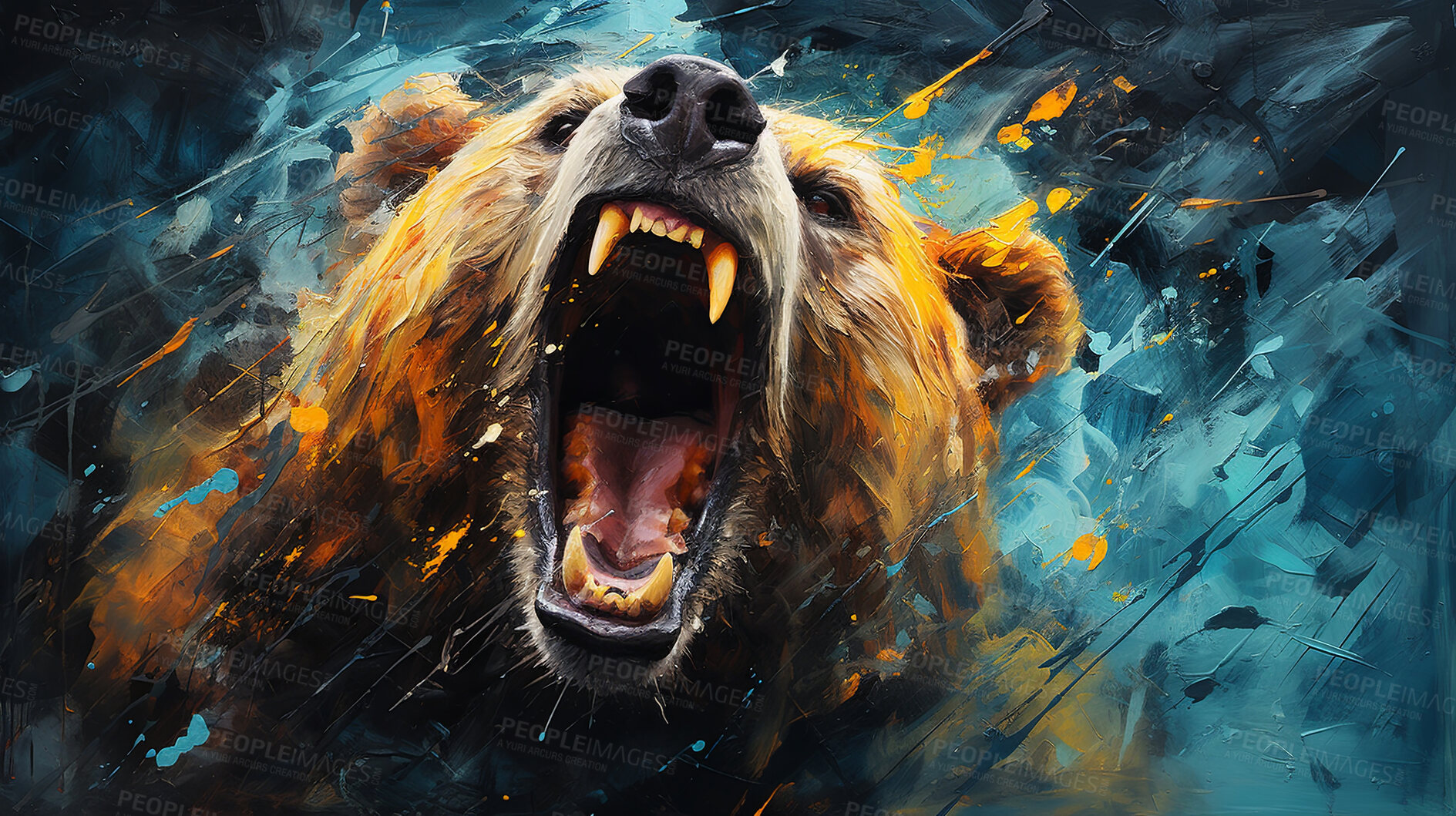 Buy stock photo Grizzly bear, expressive painting, wild and colorful. Energetic, nature-inspired art for decor, prints and creative expressions. On a dynamic canvas with a touch of untamed beauty.