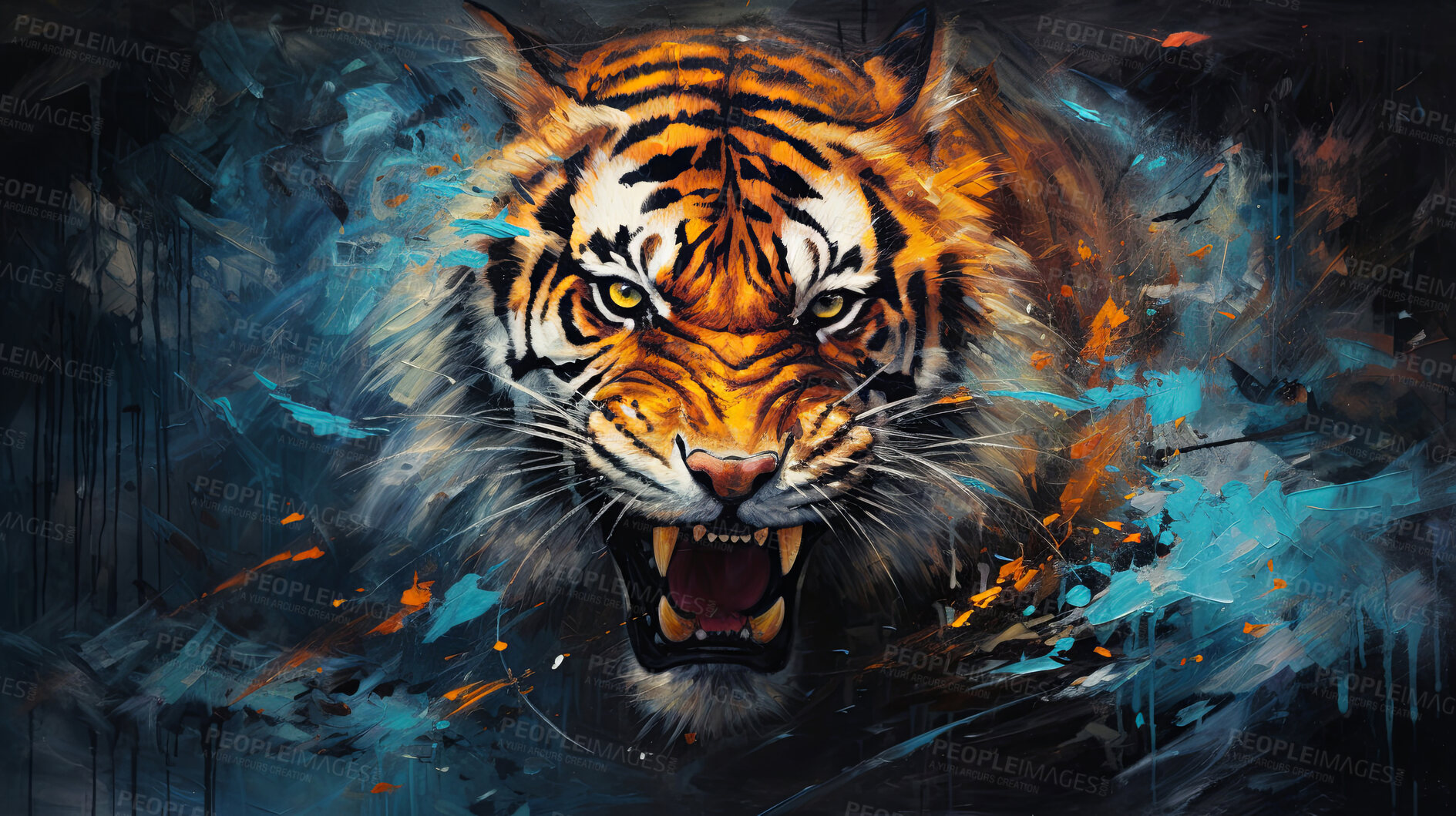 Buy stock photo Wild tiger, vibrant and expressive painting. Colorful, energetic and nature-inspired art for decor, prints and creative expressions. On a dynamic canvas with a touch of untamed beauty.