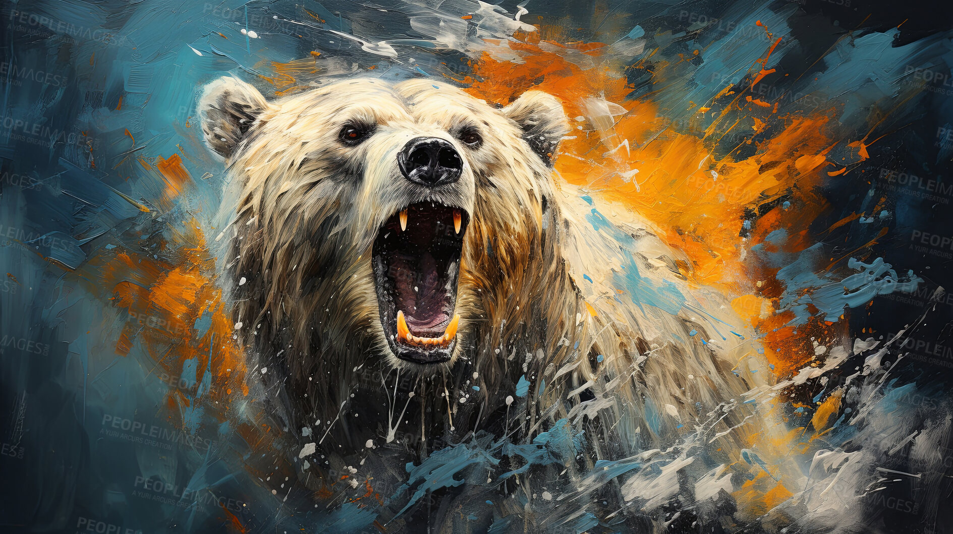 Buy stock photo Grizzly bear, expressive painting, wild and colorful. Energetic, nature-inspired art for decor, prints and creative expressions. On a dynamic canvas with a touch of untamed beauty.