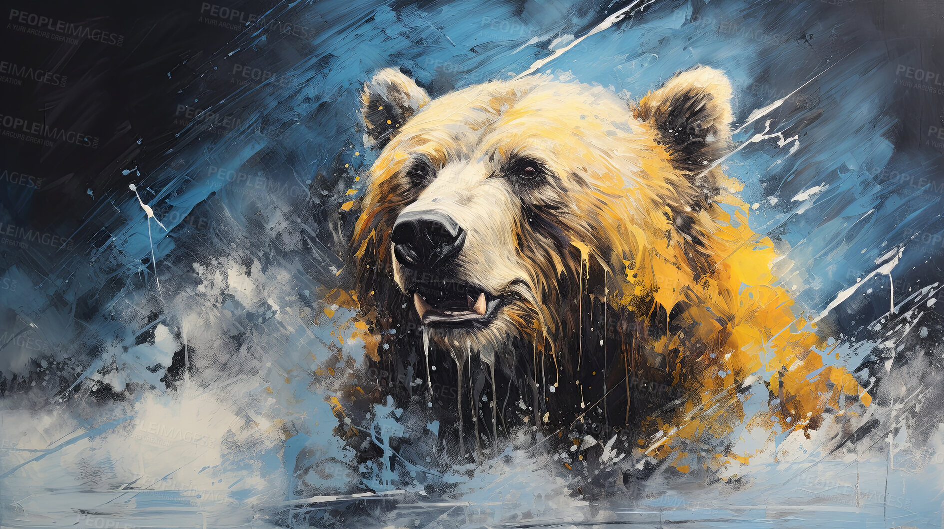 Buy stock photo Grizzly bear, expressive painting, wild and colorful. Energetic, nature-inspired art for decor, prints and creative expressions. On a dynamic canvas with a touch of untamed beauty.