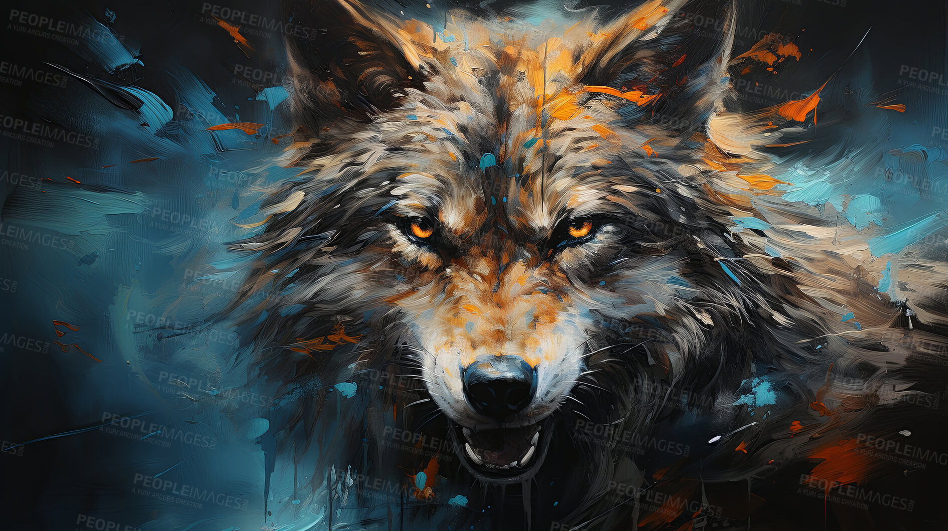 Buy stock photo Vibrant wolf, expressive painting, wild and colorful. Energetic, nature-inspired art for decor, prints and creative expressions. On a dynamic canvas with a touch of untamed beauty.