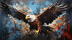 Majestic eagle, vibrant and dynamic. Wings spread wide, adorned with vivid painting strokes. A symbol of freedom and power, perfect for decor, prints and creative expressions. Against an abstract backdrop of creative energy.