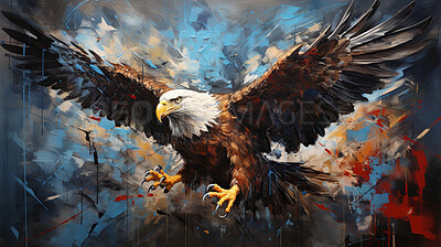 Majestic eagle, vibrant and dynamic. Wings spread wide, adorned with vivid painting strokes. A symbol of freedom and power, perfect for decor, prints and creative expressions. Against an abstract backdrop of creative energy.