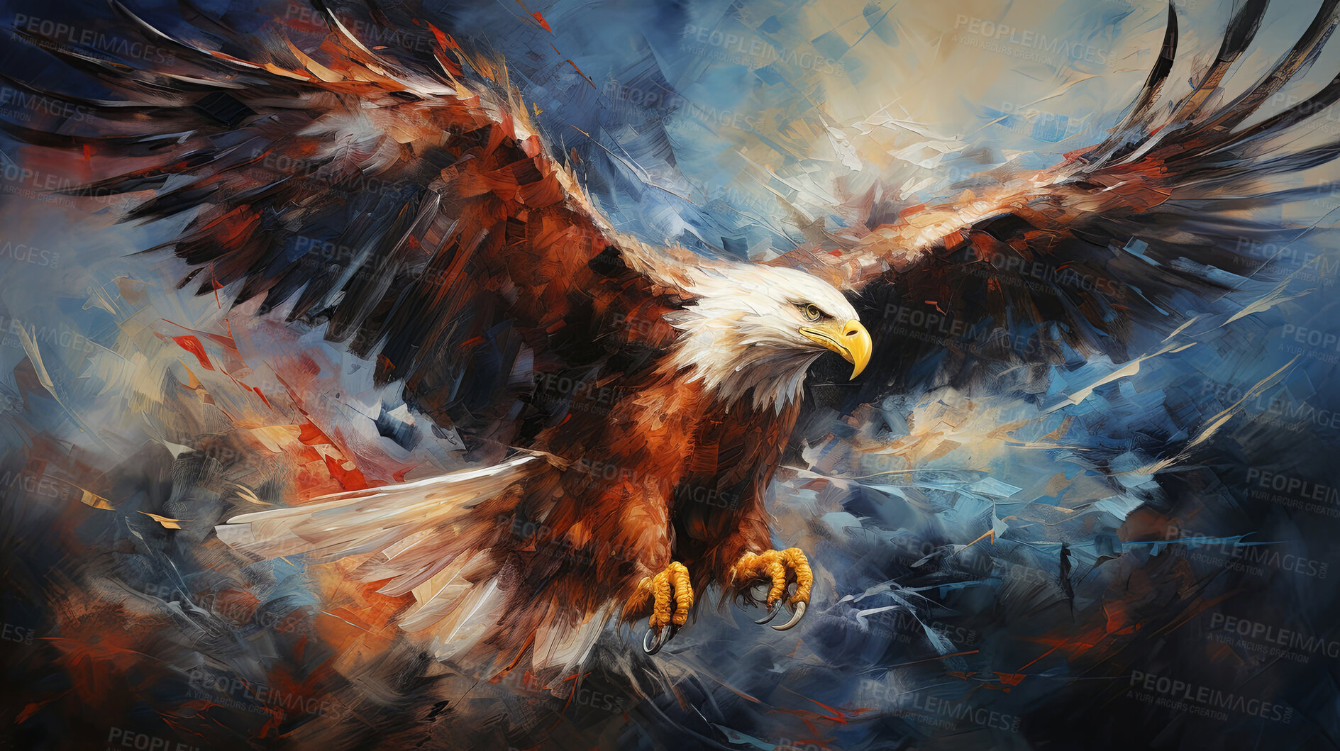 Buy stock photo Majestic eagle, vibrant and dynamic. Wings spread wide, adorned with vivid painting strokes. A symbol of freedom and power, perfect for decor, prints and creative expressions. Against an abstract backdrop of creative energy.