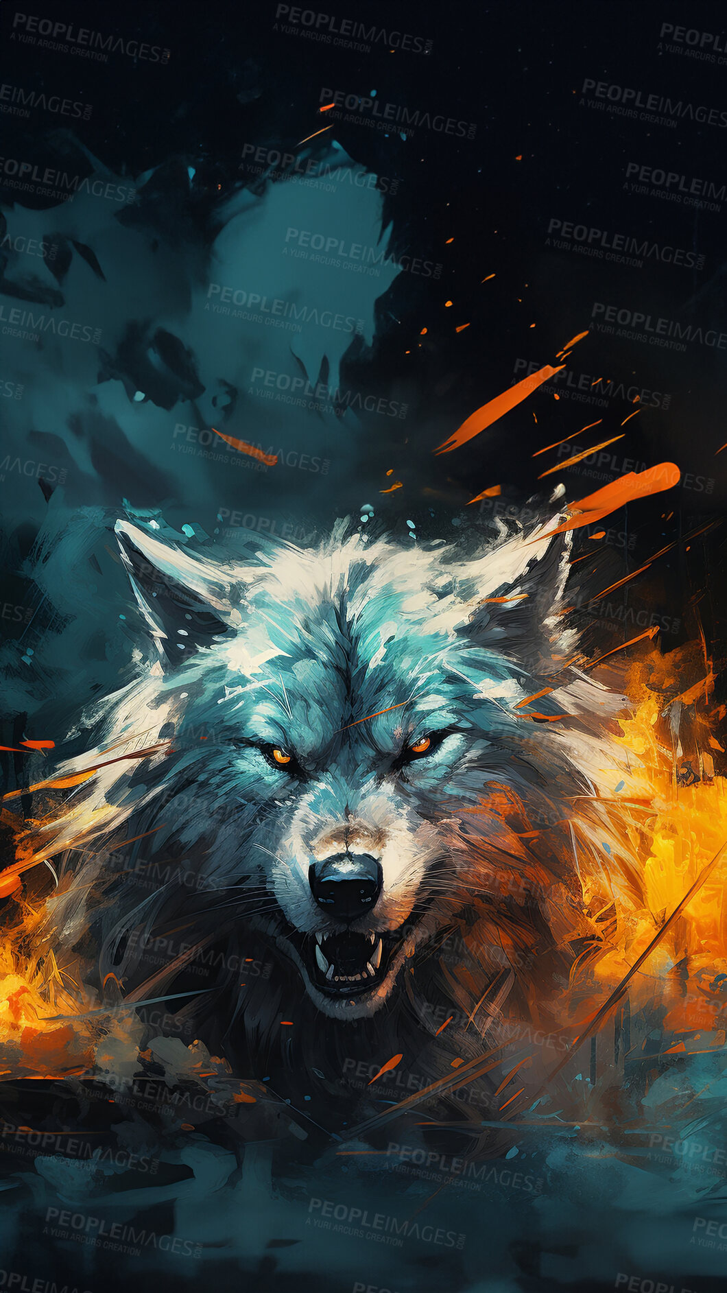 Buy stock photo Vibrant wolf, expressive painting, wild and colorful. Energetic, nature-inspired art for decor, prints and creative expressions. On a dynamic canvas with a touch of untamed beauty.