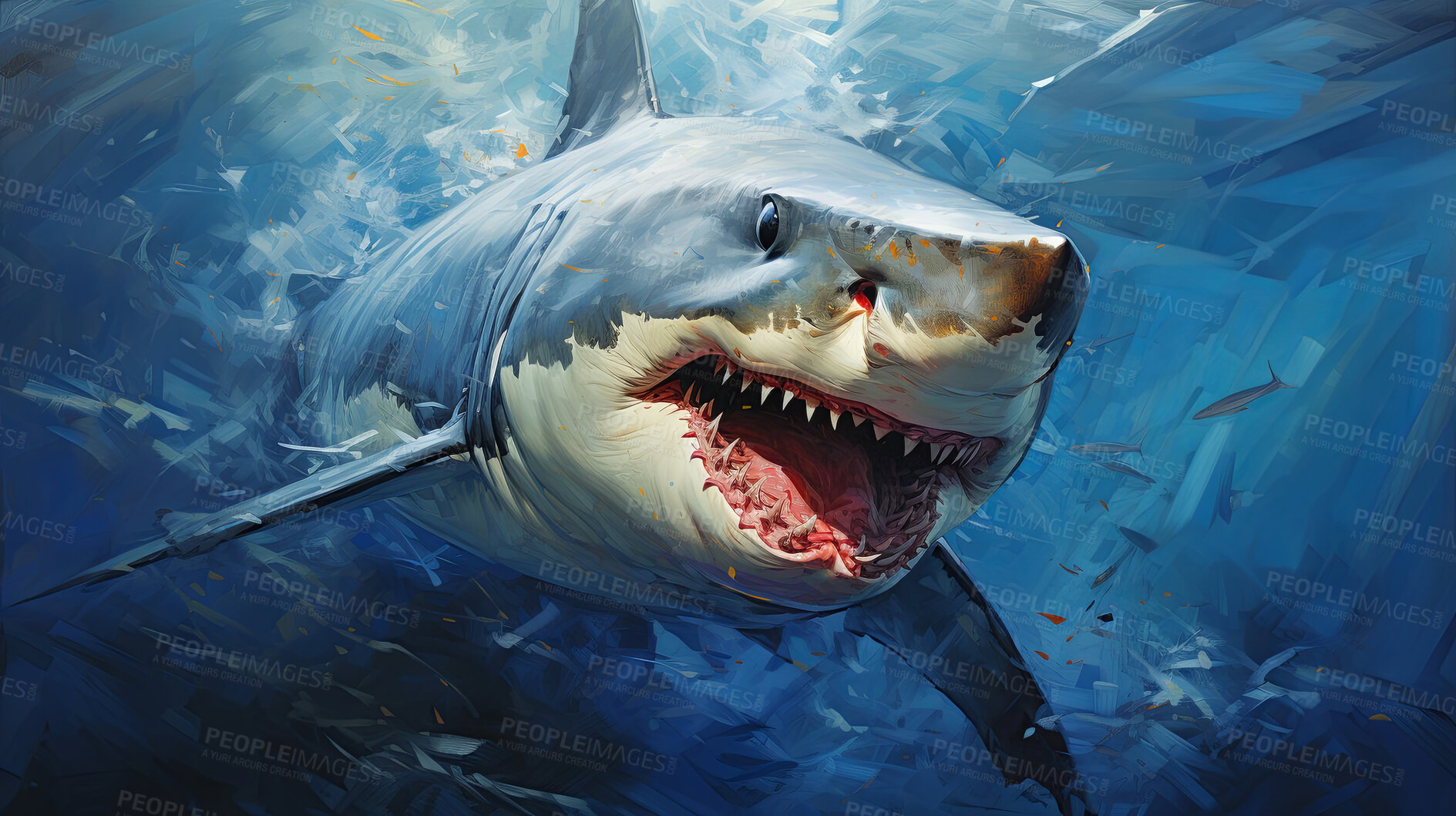 Buy stock photo Wild shark, lively and expressive artwork. Vibrant, ocean-inspired painting for decor, prints and creative expressions. On a dynamic canvas with a touch of untamed aquatic allure.