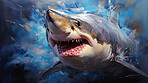 Wild shark, lively and expressive artwork. Vibrant, ocean-inspired painting for decor, prints and creative expressions. On a dynamic canvas with a touch of untamed aquatic allure.