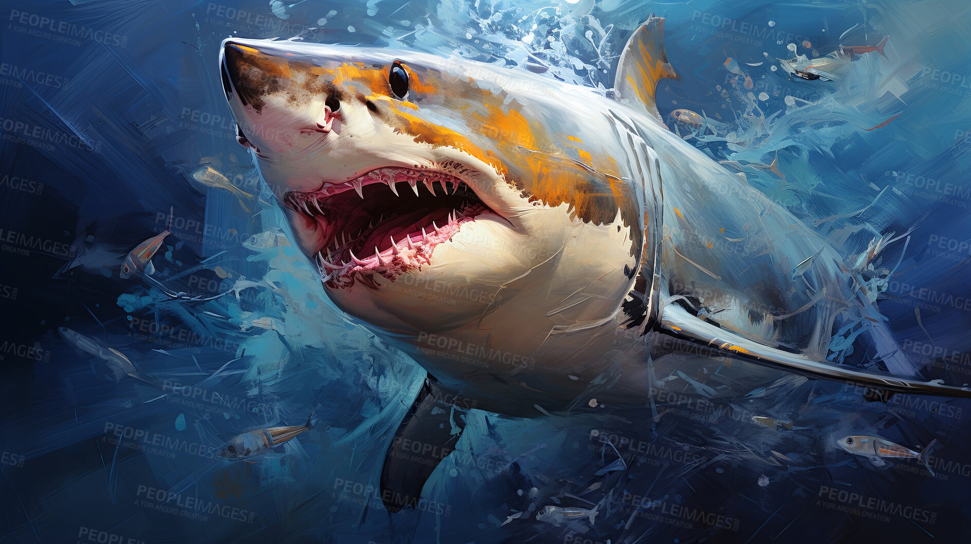 Buy stock photo Wild shark, lively and expressive artwork. Vibrant, ocean-inspired painting for decor, prints and creative expressions. On a dynamic canvas with a touch of untamed aquatic allure.