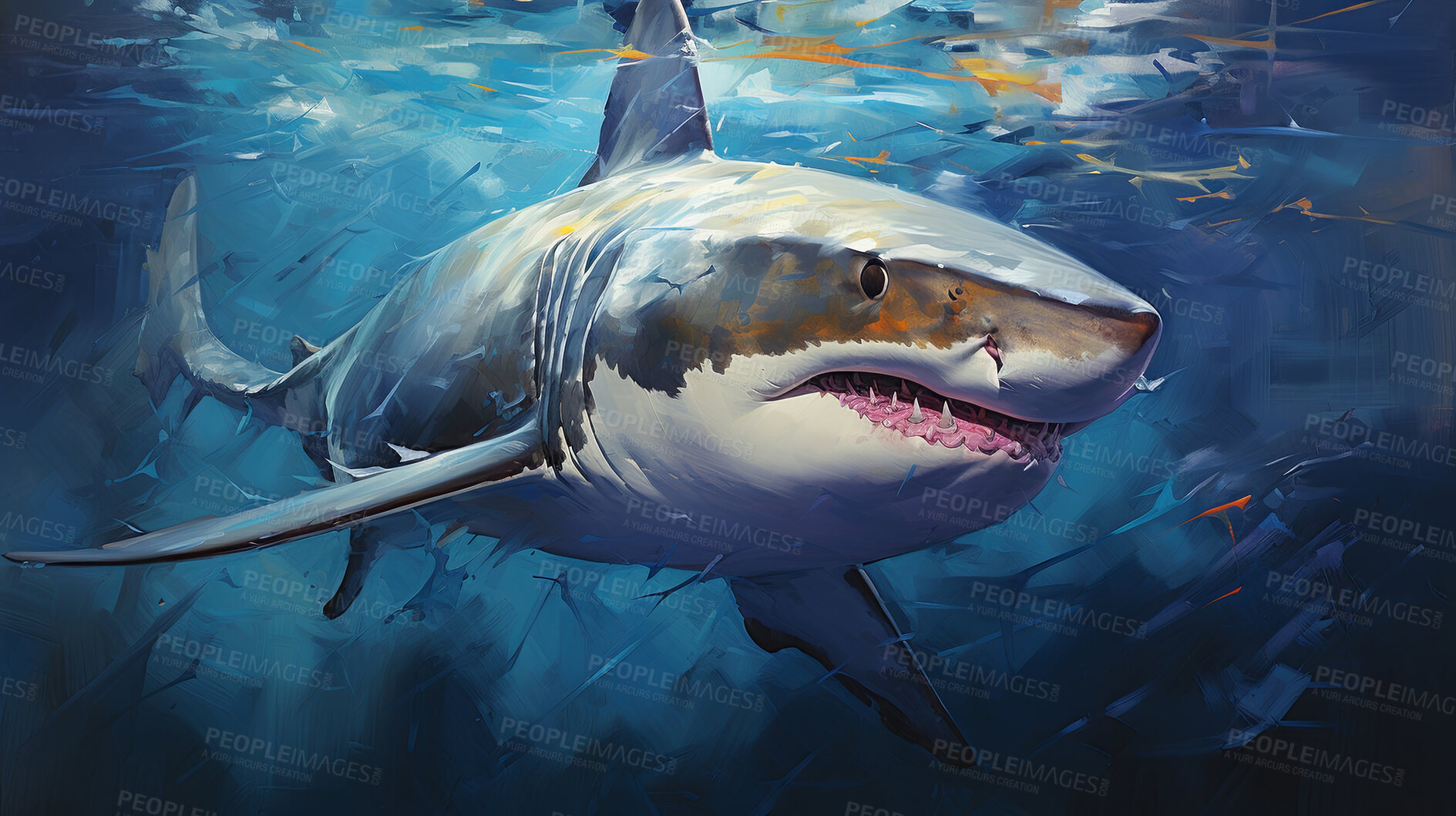 Buy stock photo Wild shark, lively and expressive artwork. Vibrant, ocean-inspired painting for decor, prints and creative expressions. On a dynamic canvas with a touch of untamed aquatic allure.