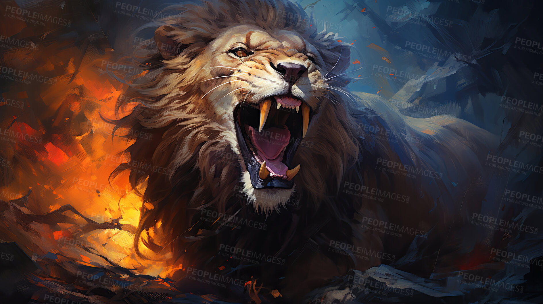 Buy stock photo Powerful lion, regal and majestic, embellished with vibrant painting strokes and graffiti. Golden-maned, wild and untamed. A symbol of strength and pride, perfect for decor, prints and creative expressions. Against an abstract backdrop of dynamic energy.