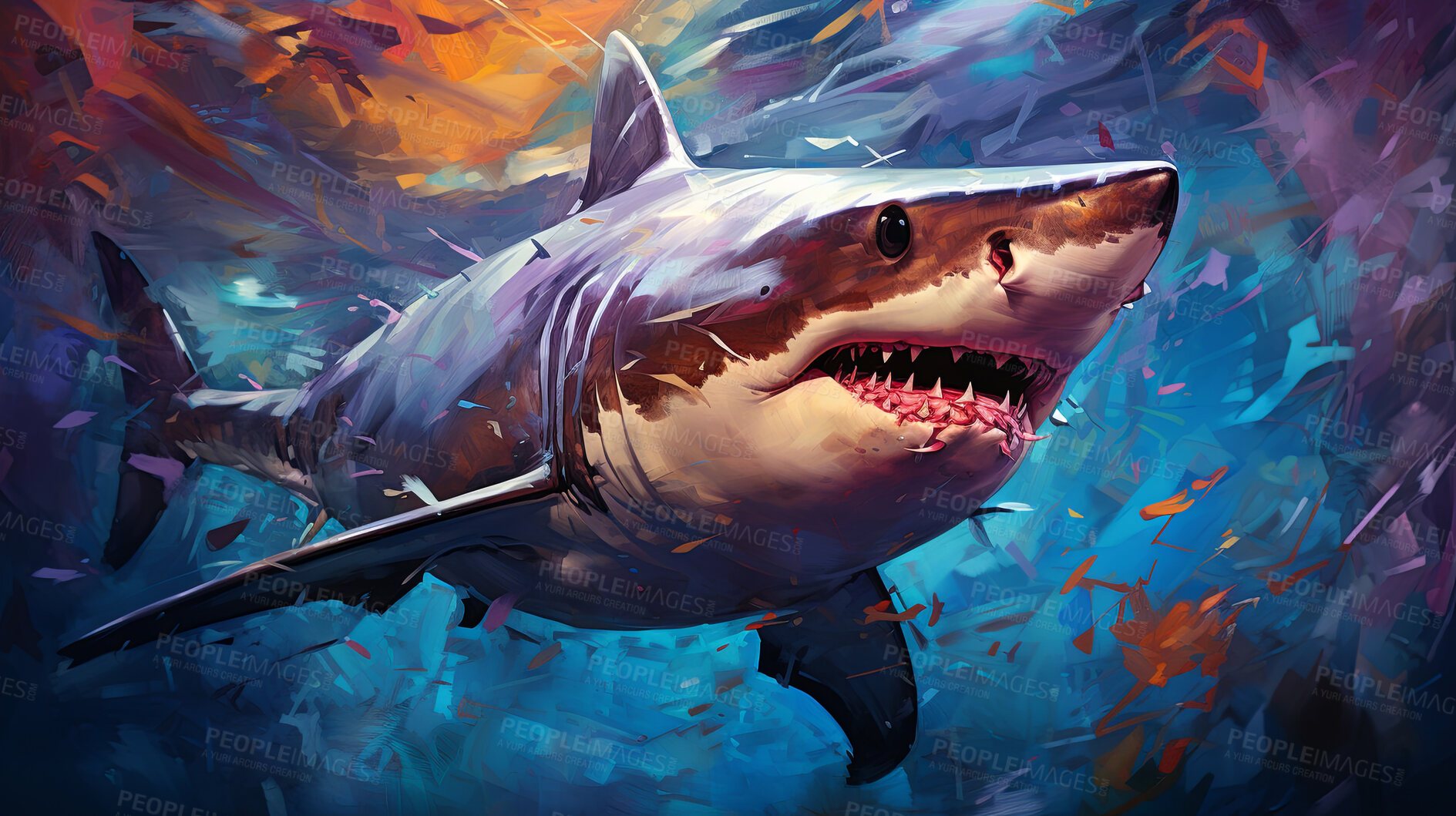 Buy stock photo Wild shark, lively and expressive artwork. Vibrant, ocean-inspired painting for decor, prints and creative expressions. On a dynamic canvas with a touch of untamed aquatic allure.