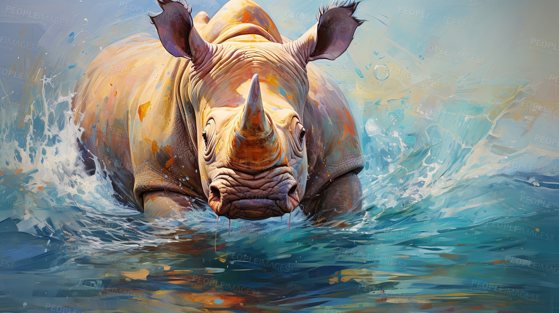 Buy stock photo Wild rhinoceros, vibrant and expressive painting. Colorful, energetic and nature-inspired art for decor, prints and creative expressions. On a dynamic canvas with a touch of untamed beauty.