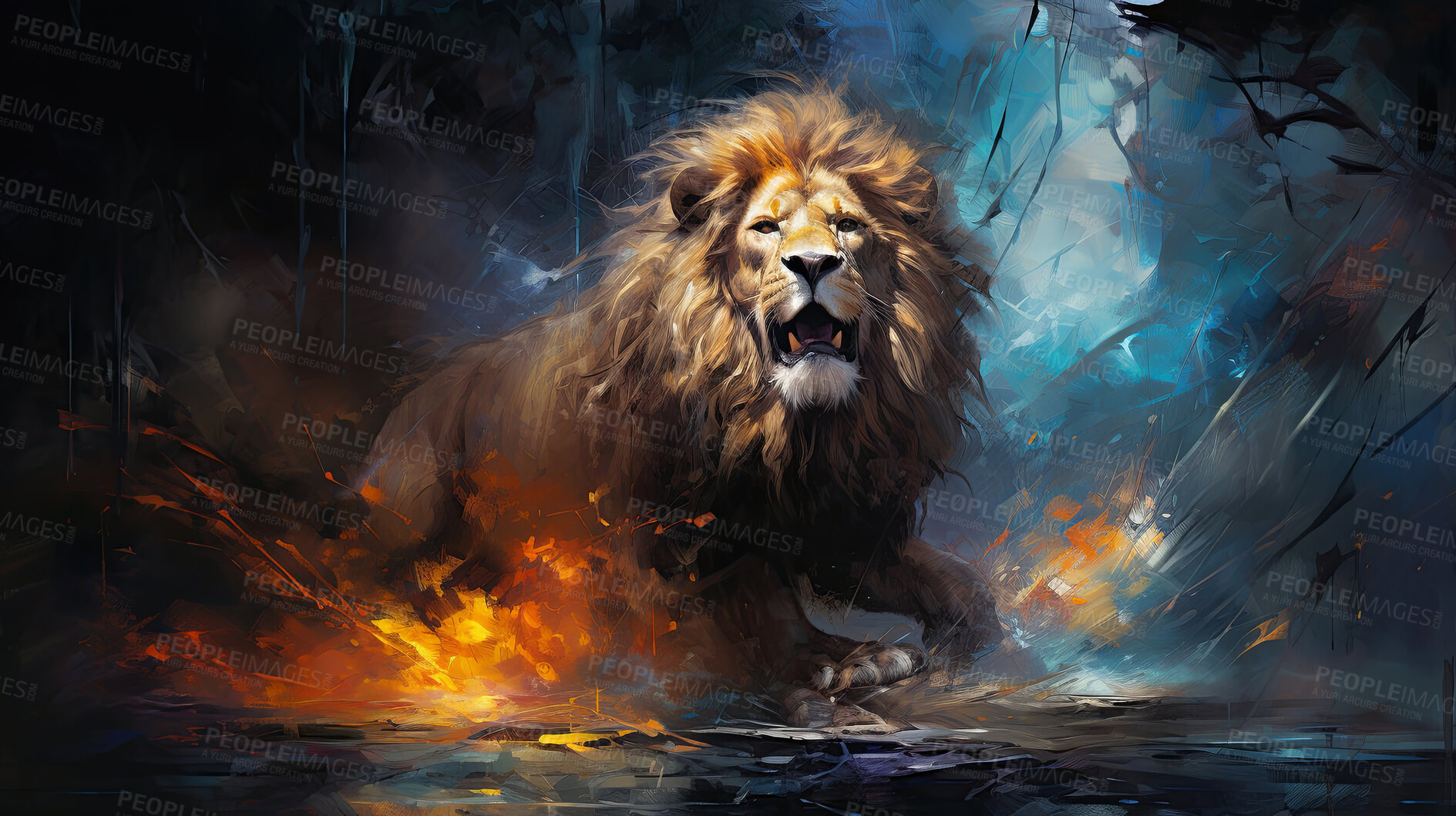 Buy stock photo Powerful lion, regal and majestic, embellished with vibrant painting strokes and graffiti. Golden-maned, wild and untamed. A symbol of strength and pride, perfect for decor, prints and creative expressions. Against an abstract backdrop of dynamic energy.