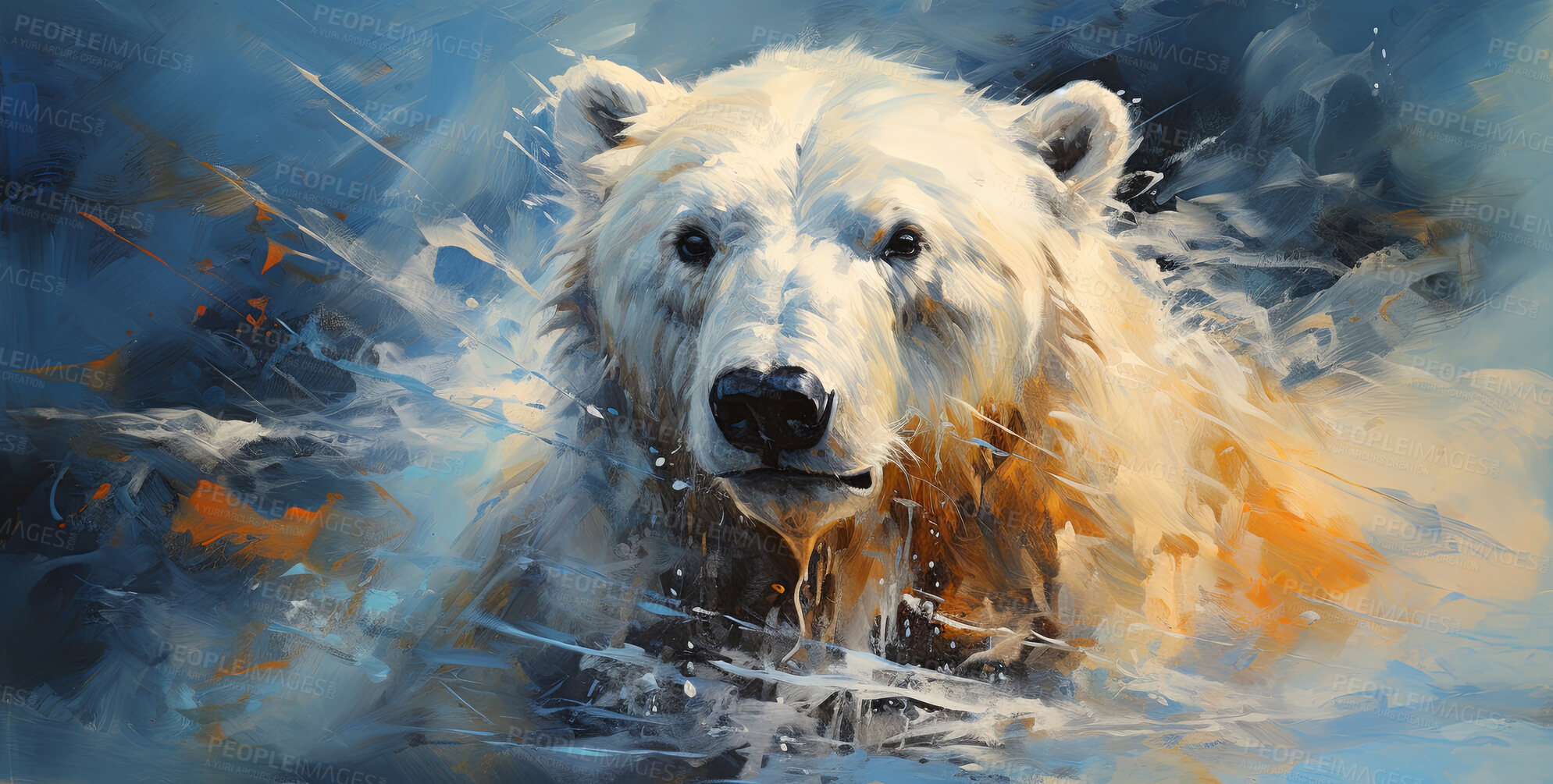 Buy stock photo Polar bear, expressive painting, wild and colorful. Energetic, nature-inspired art for decor, prints and creative expressions. On a dynamic canvas with a touch of untamed beauty.