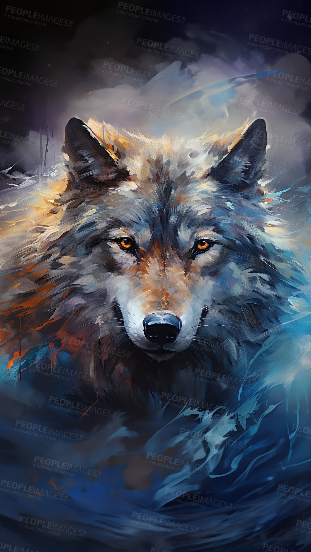 Buy stock photo Vibrant wolf, expressive painting, wild and colorful. Energetic, nature-inspired art for decor, prints and creative expressions. On a dynamic canvas with a touch of untamed beauty.