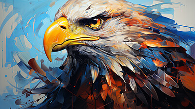 Majestic eagle, vibrant and dynamic. Closeup view, adorned with vivid painting strokes. A symbol of freedom and power, perfect for decor, prints and creative expressions. Against an abstract backdrop of creative energy.