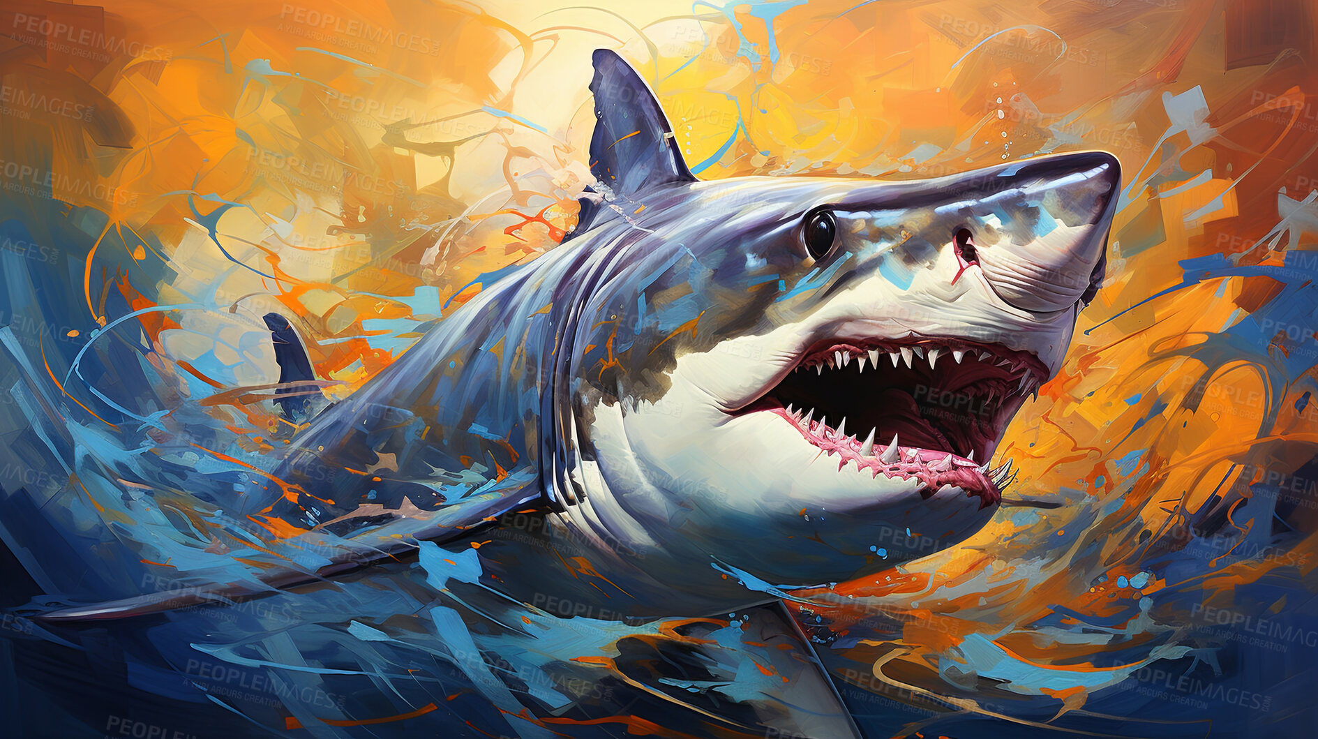 Buy stock photo Wild shark, lively and expressive artwork. Vibrant, ocean-inspired painting for decor, prints and creative expressions. On a dynamic canvas with a touch of untamed aquatic allure.