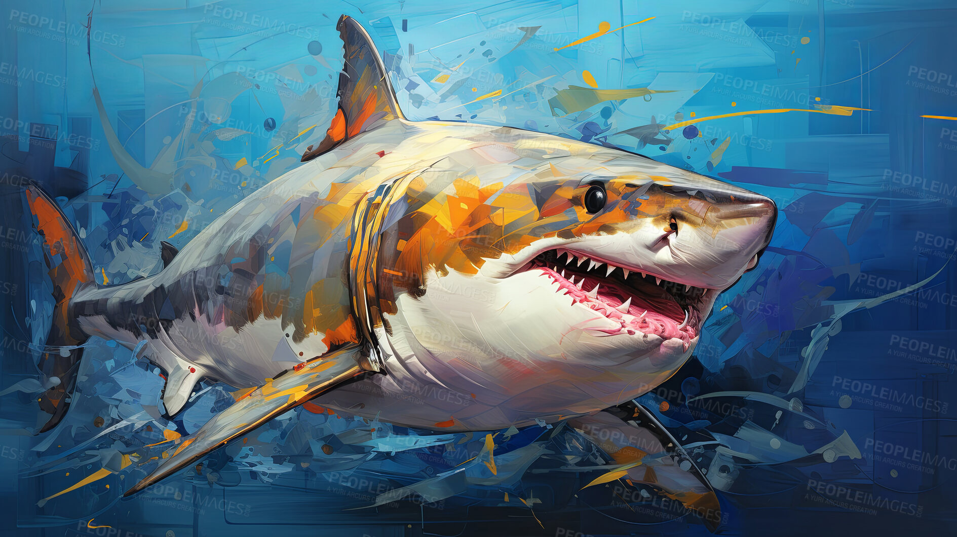 Buy stock photo Wild shark, lively and expressive artwork. Vibrant, ocean-inspired painting for decor, prints and creative expressions. On a dynamic canvas with a touch of untamed aquatic allure.