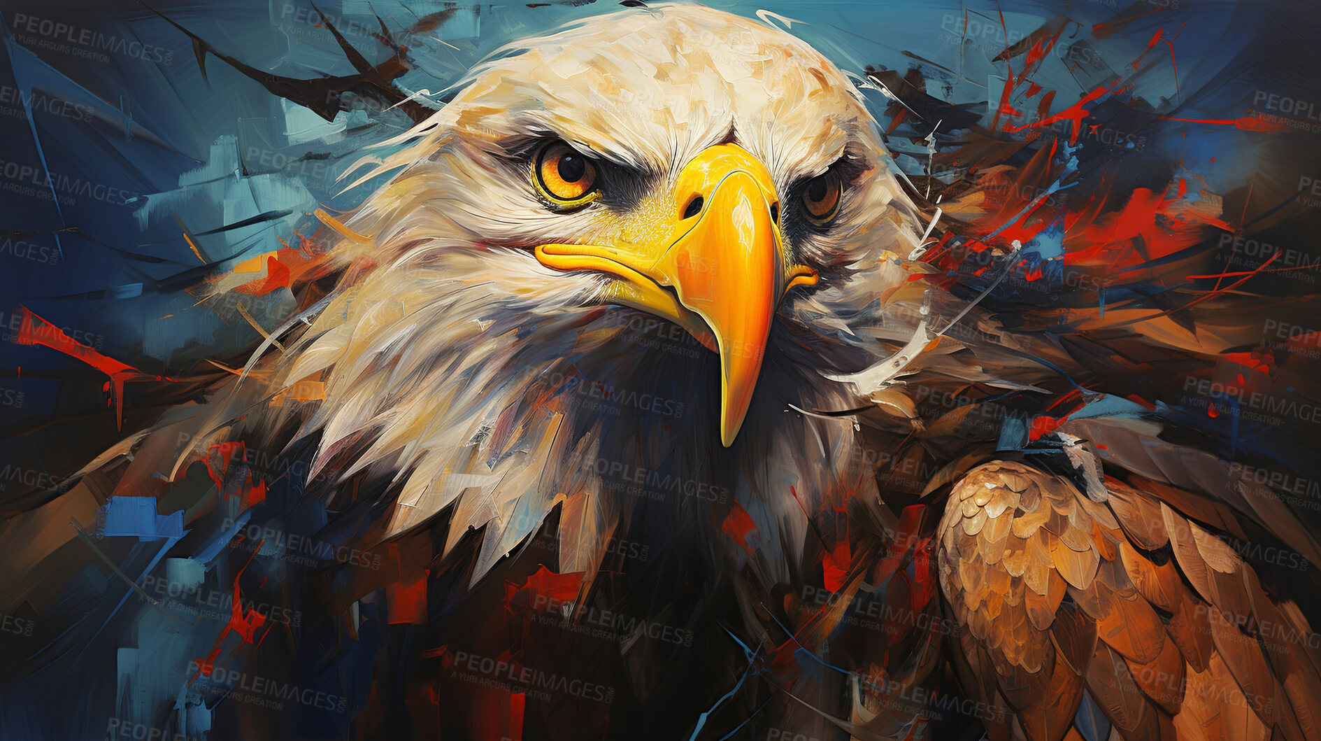 Buy stock photo Majestic eagle, vibrant and dynamic. Closeup view, adorned with vivid painting strokes. A symbol of freedom and power, perfect for decor, prints and creative expressions. Against an abstract backdrop of creative energy.