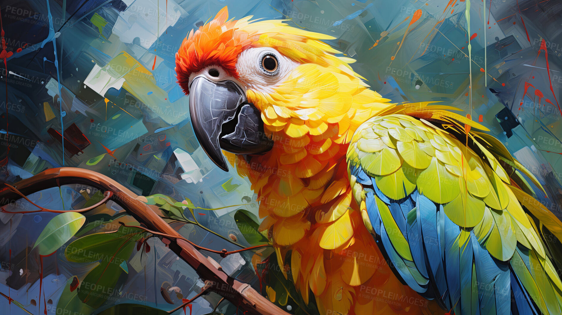 Buy stock photo Vibrant macaw, expressive painting, wild and colorful. Energetic, nature-inspired art for decor, prints and creative expressions. On a dynamic canvas with a touch of untamed beauty.