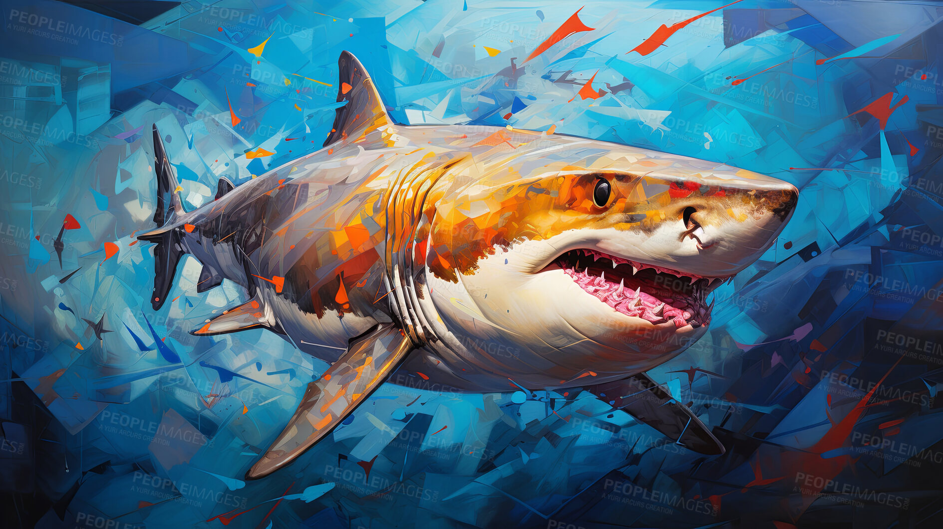 Buy stock photo Wild shark, lively and expressive artwork. Vibrant, ocean-inspired painting for decor, prints and creative expressions. On a dynamic canvas with a touch of untamed aquatic allure.