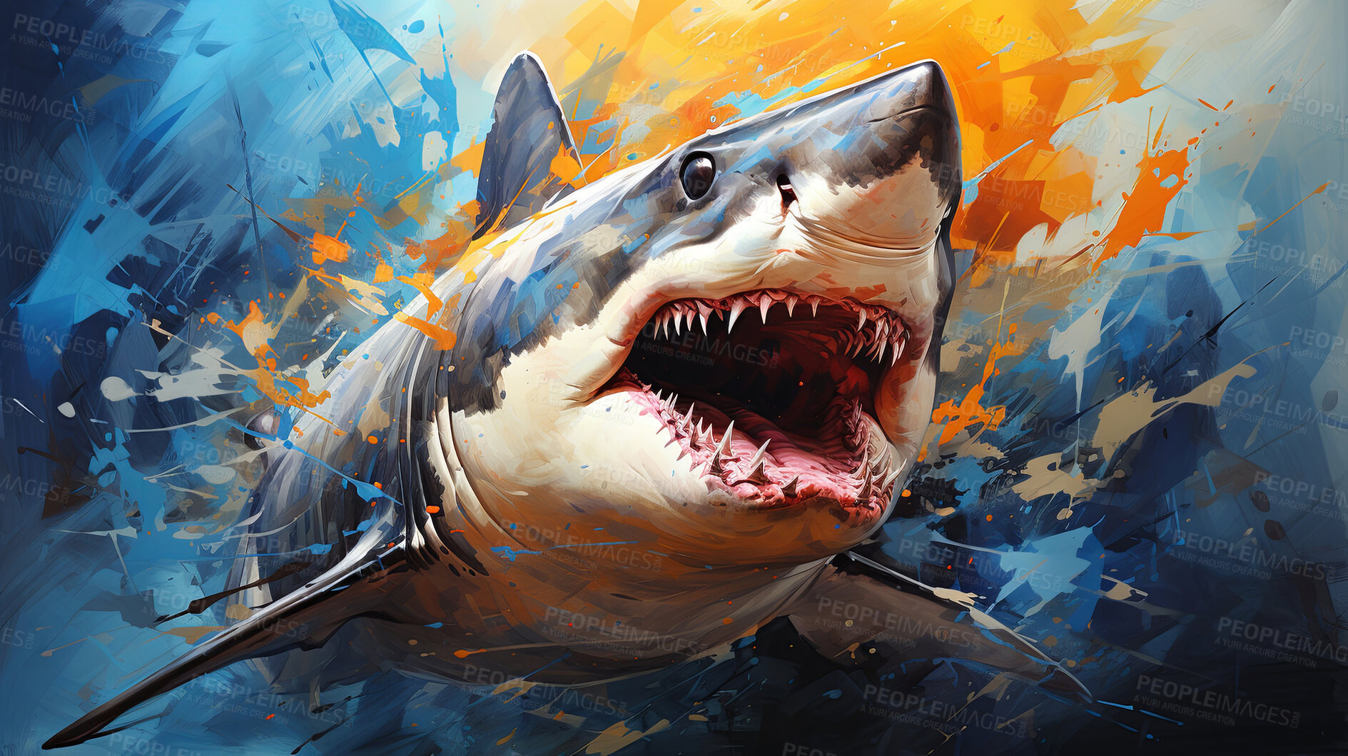 Buy stock photo Wild shark, lively and expressive artwork. Vibrant, ocean-inspired painting for decor, prints and creative expressions. On a dynamic canvas with a touch of untamed aquatic allure.