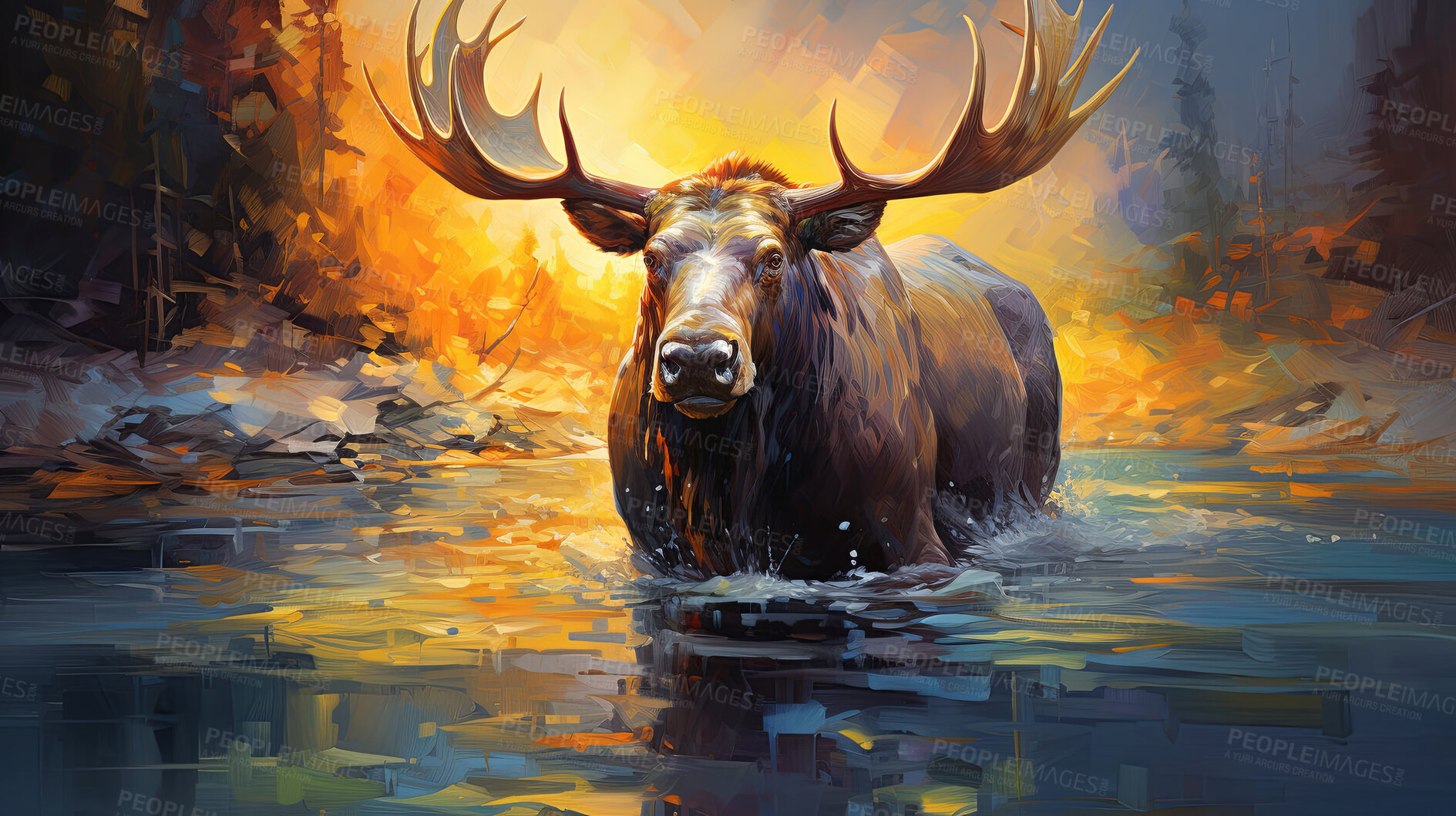 Buy stock photo Vibrant moose, expressive painting, wild and colorful. Energetic, nature-inspired art for decor, prints and creative expressions. On a dynamic canvas with a touch of untamed beauty.