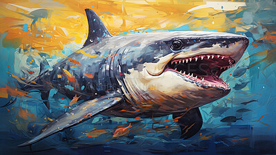 Wild shark, lively and expressive artwork. Vibrant, ocean-inspired painting for decor, prints and creative expressions. On a dynamic canvas with a touch of untamed aquatic allure.