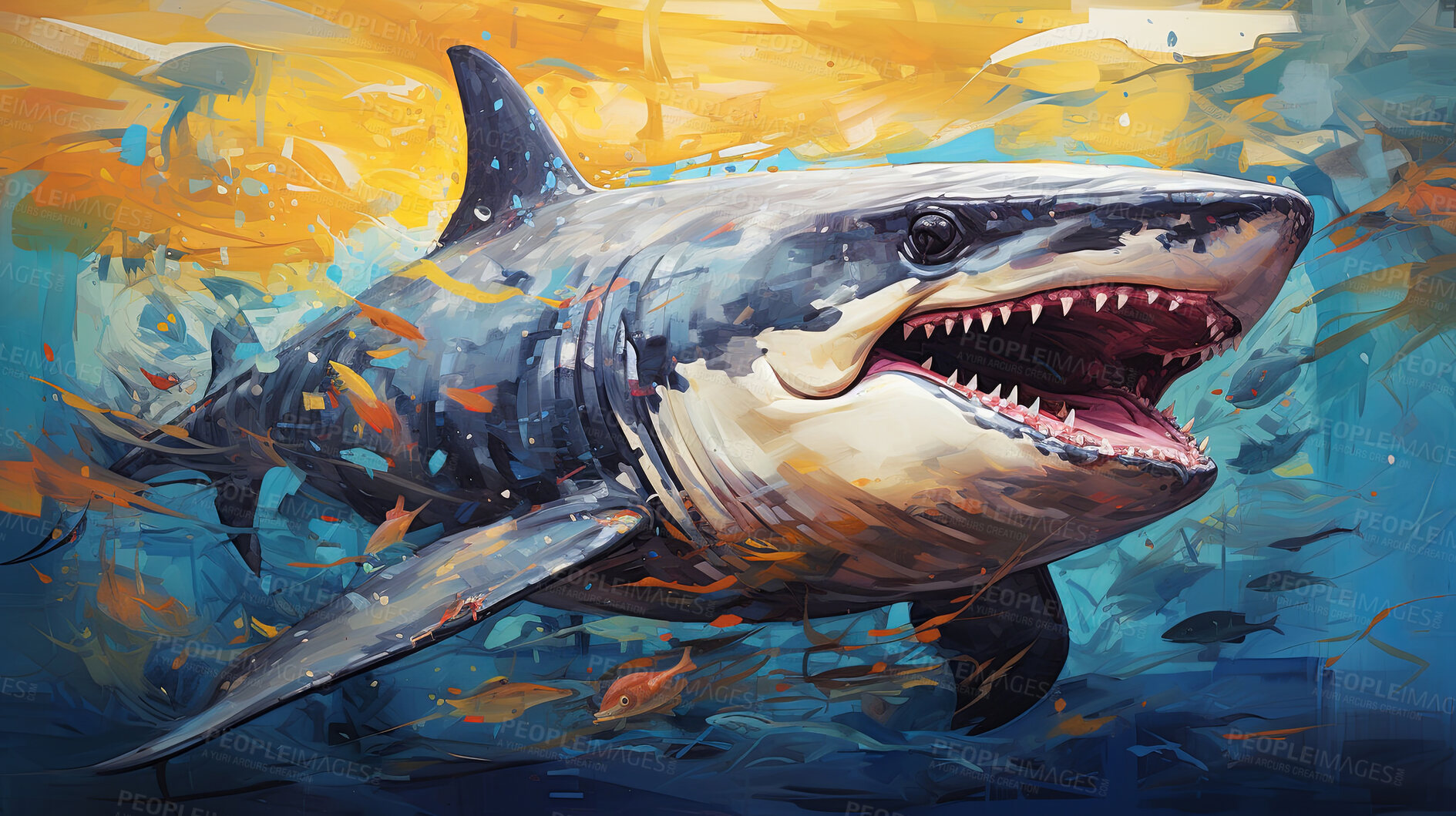 Buy stock photo Wild shark, lively and expressive artwork. Vibrant, ocean-inspired painting for decor, prints and creative expressions. On a dynamic canvas with a touch of untamed aquatic allure.