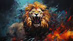 Powerful lion, regal and majestic, embellished with vibrant painting strokes and graffiti. Golden-maned, wild and untamed. A symbol of strength and pride, perfect for decor, prints and creative expressions. Against an abstract backdrop of dynamic energy.