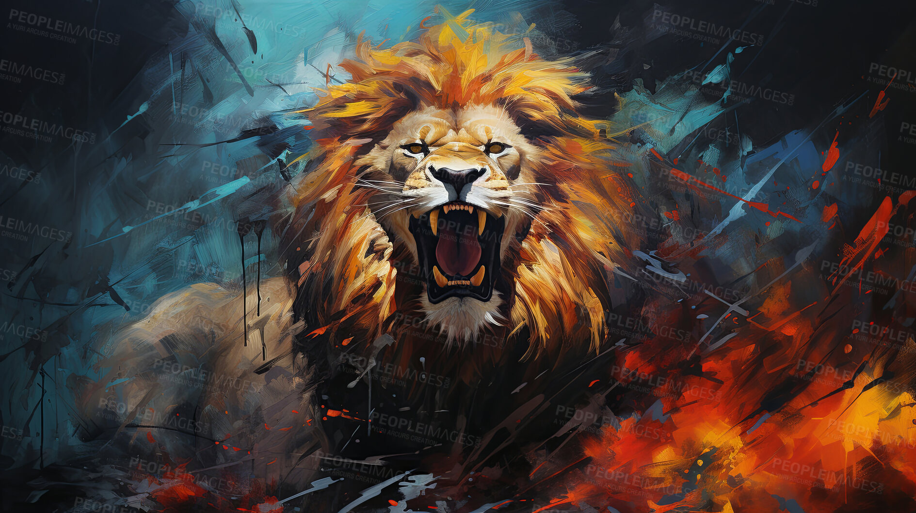 Buy stock photo Powerful lion, regal and majestic, embellished with vibrant painting strokes and graffiti. Golden-maned, wild and untamed. A symbol of strength and pride, perfect for decor, prints and creative expressions. Against an abstract backdrop of dynamic energy.