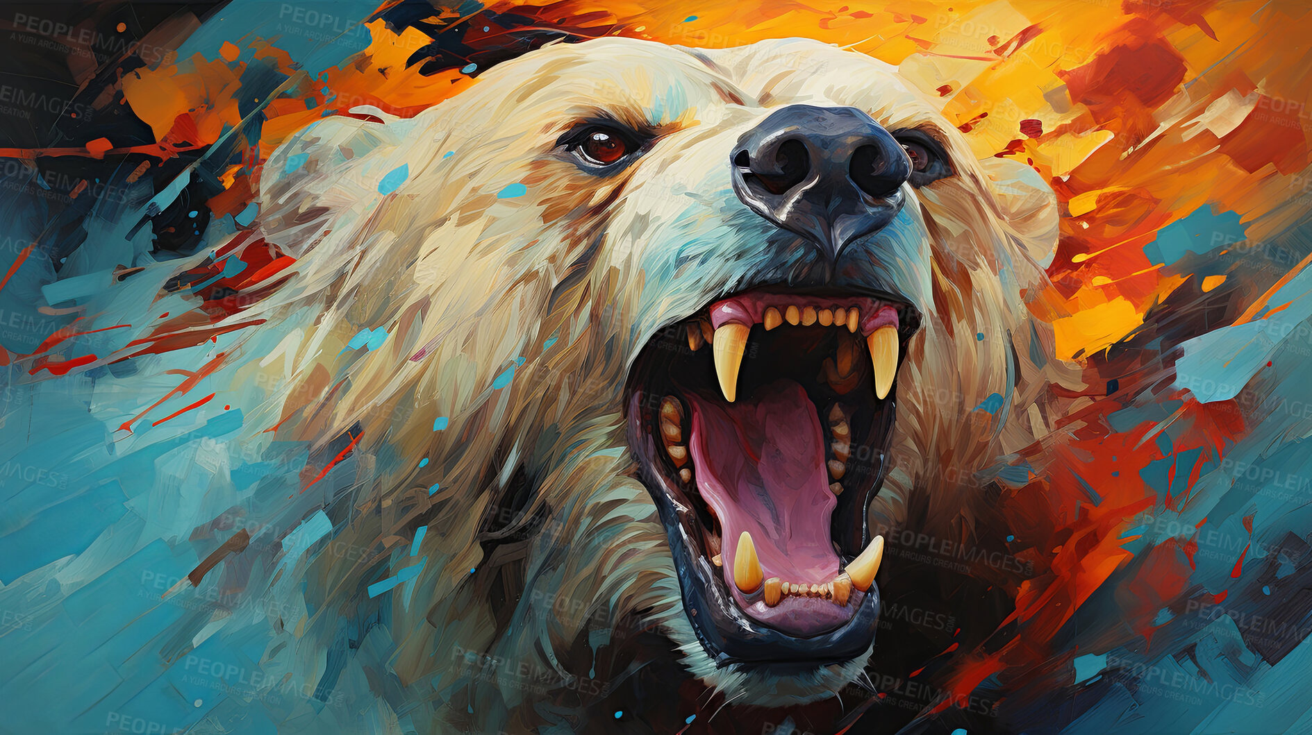 Buy stock photo Grizzly bear, expressive painting, wild and colorful. Energetic, nature-inspired art for decor, prints and creative expressions. On a dynamic canvas with a touch of untamed beauty.