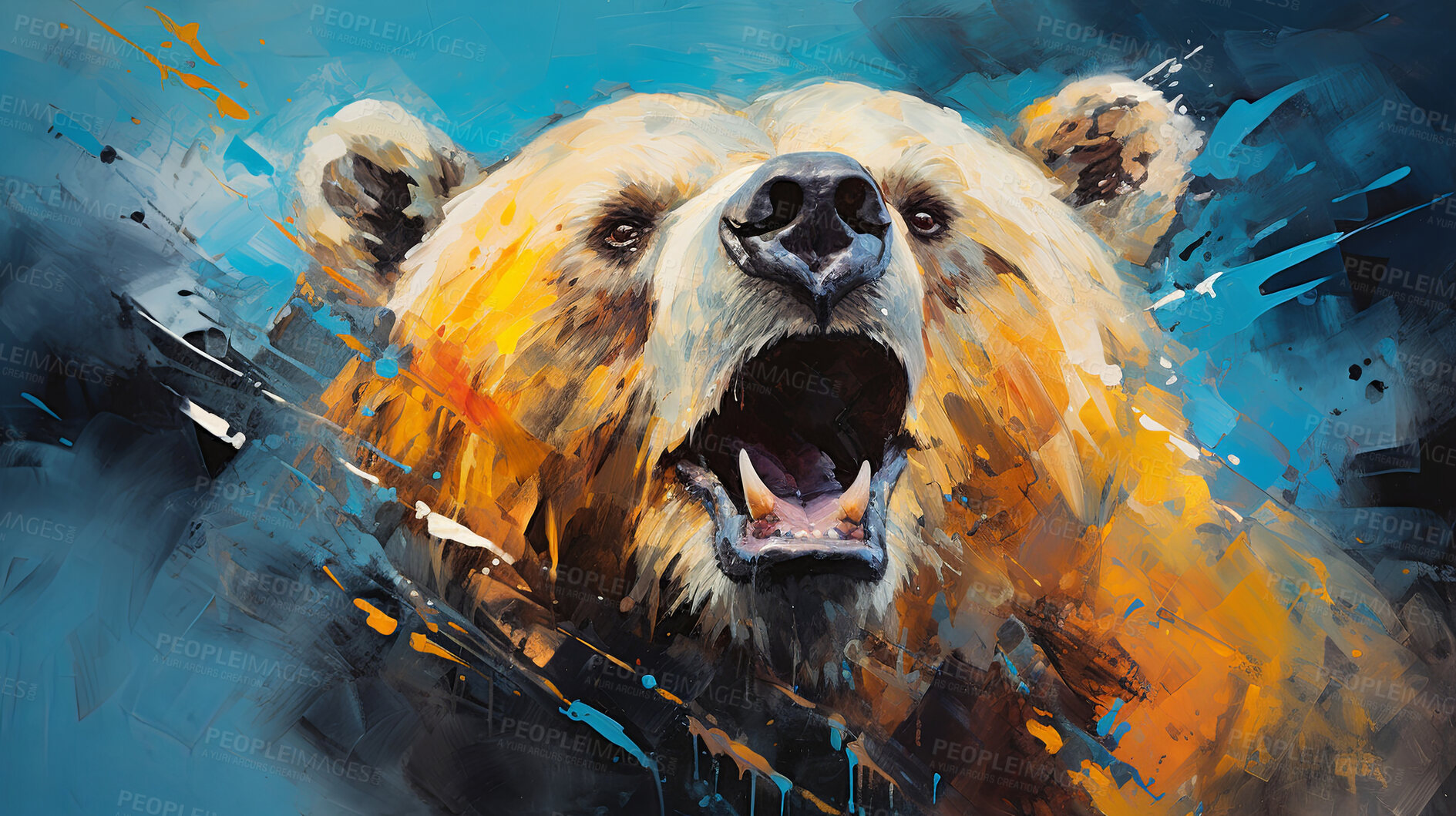 Buy stock photo Grizzly bear, expressive painting, wild and colorful. Energetic, nature-inspired art for decor, prints and creative expressions. On a dynamic canvas with a touch of untamed beauty.