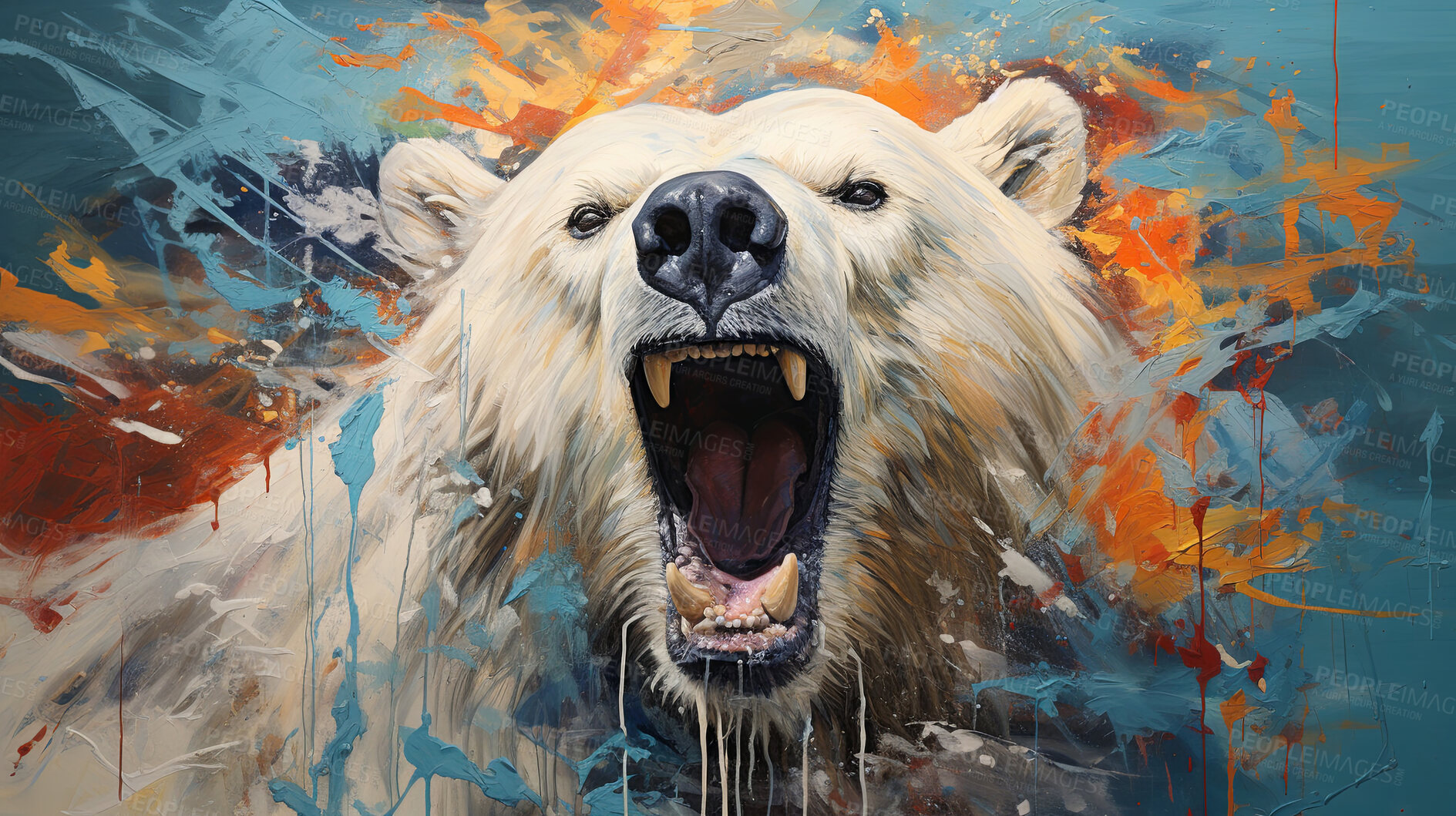 Buy stock photo Polar bear, expressive painting, wild and colorful. Energetic, nature-inspired art for decor, prints and creative expressions. On a dynamic canvas with a touch of untamed beauty.