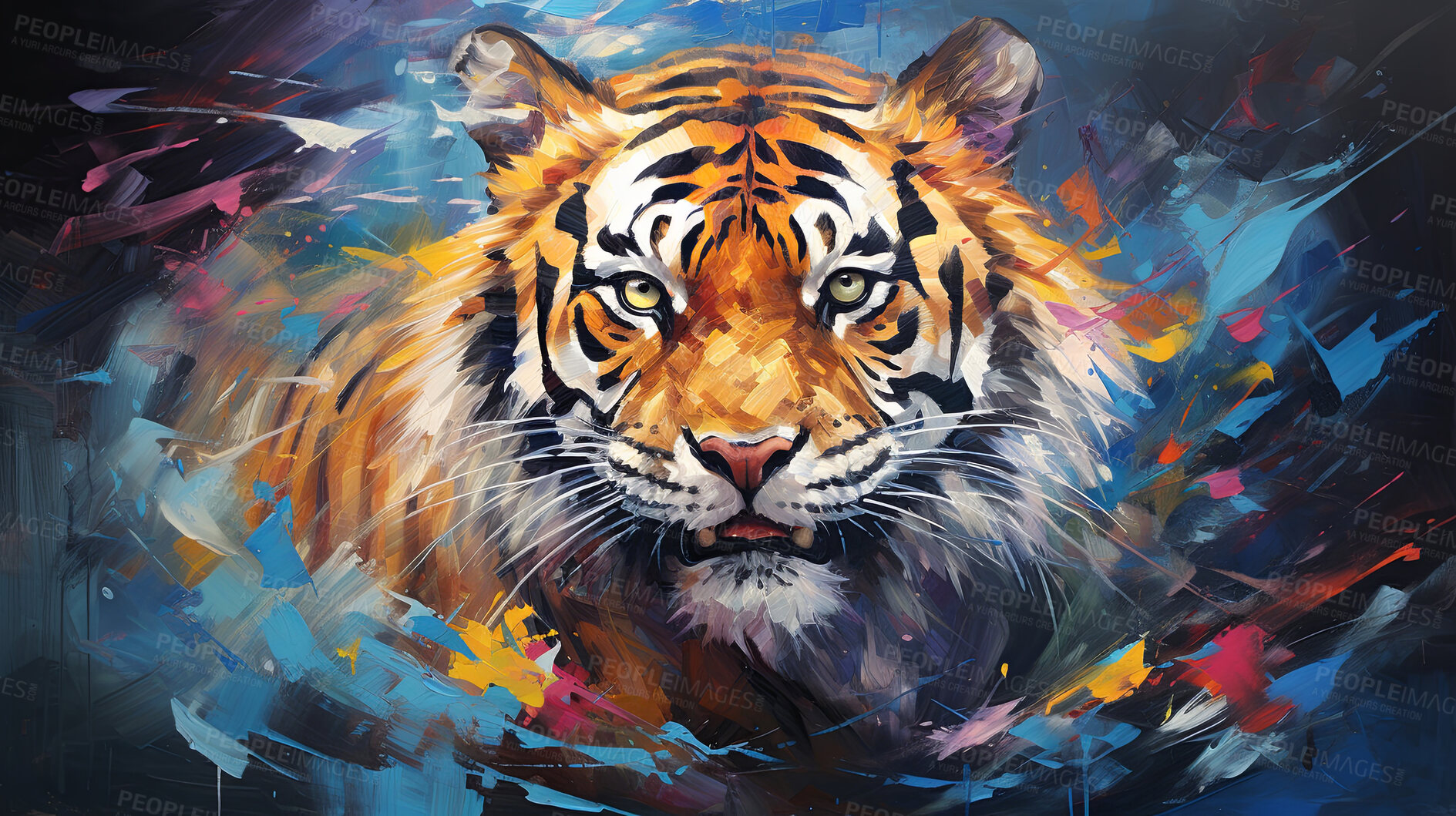 Buy stock photo Wild tiger, vibrant and expressive painting. Colorful, energetic and nature-inspired art for decor, prints and creative expressions. On a dynamic canvas with a touch of untamed beauty.