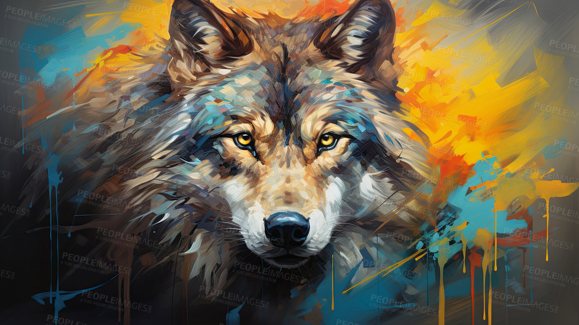 Buy stock photo Vibrant wolf, expressive painting, wild and colorful. Energetic, nature-inspired art for decor, prints and creative expressions. On a dynamic canvas with a touch of untamed beauty.