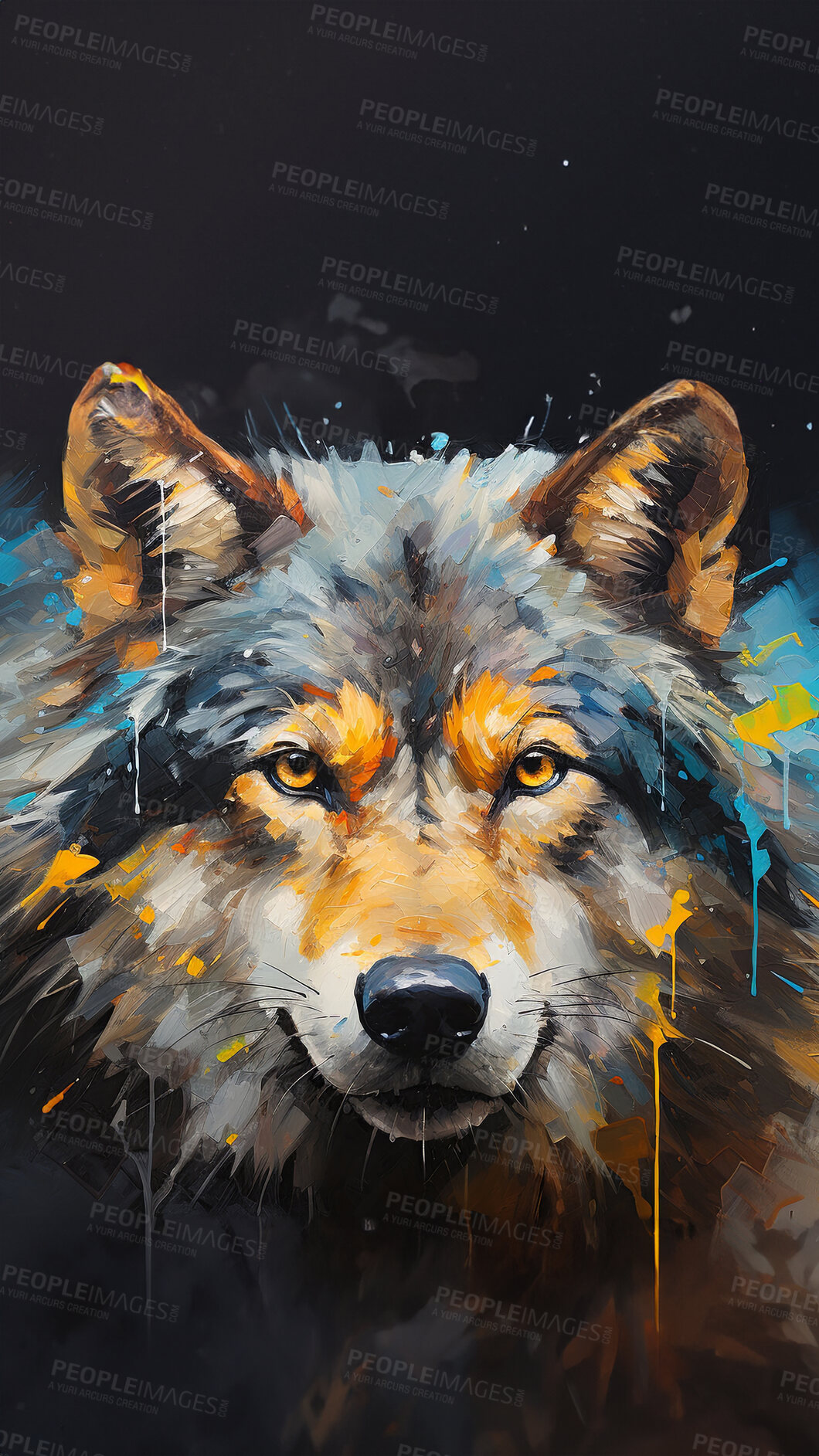 Buy stock photo Vibrant wolf, expressive painting, wild and colorful. Energetic, nature-inspired art for decor, prints and creative expressions. On a dynamic canvas with a touch of untamed beauty.