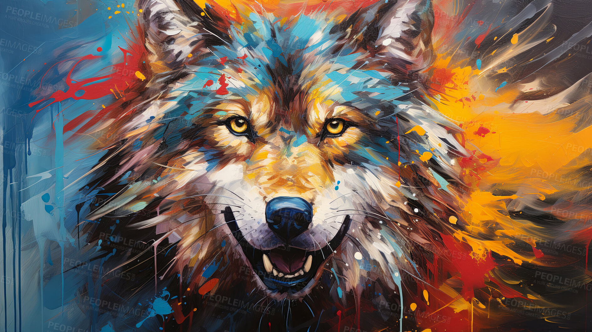 Buy stock photo Vibrant wolf, expressive painting, wild and colorful. Energetic, nature-inspired art for decor, prints and creative expressions. On a dynamic canvas with a touch of untamed beauty.