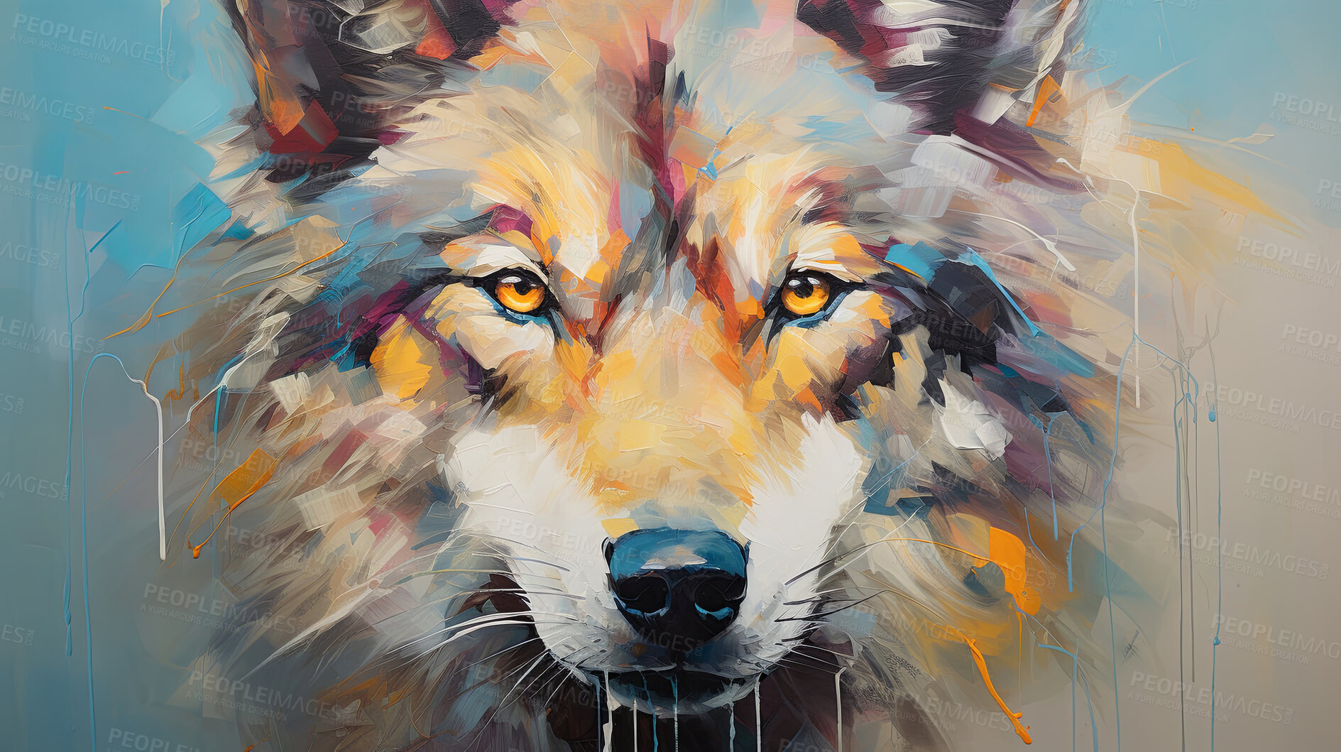 Buy stock photo Vibrant wolf, expressive painting, wild and colorful. Energetic, nature-inspired art for decor, prints and creative expressions. On a dynamic canvas with a touch of untamed beauty.