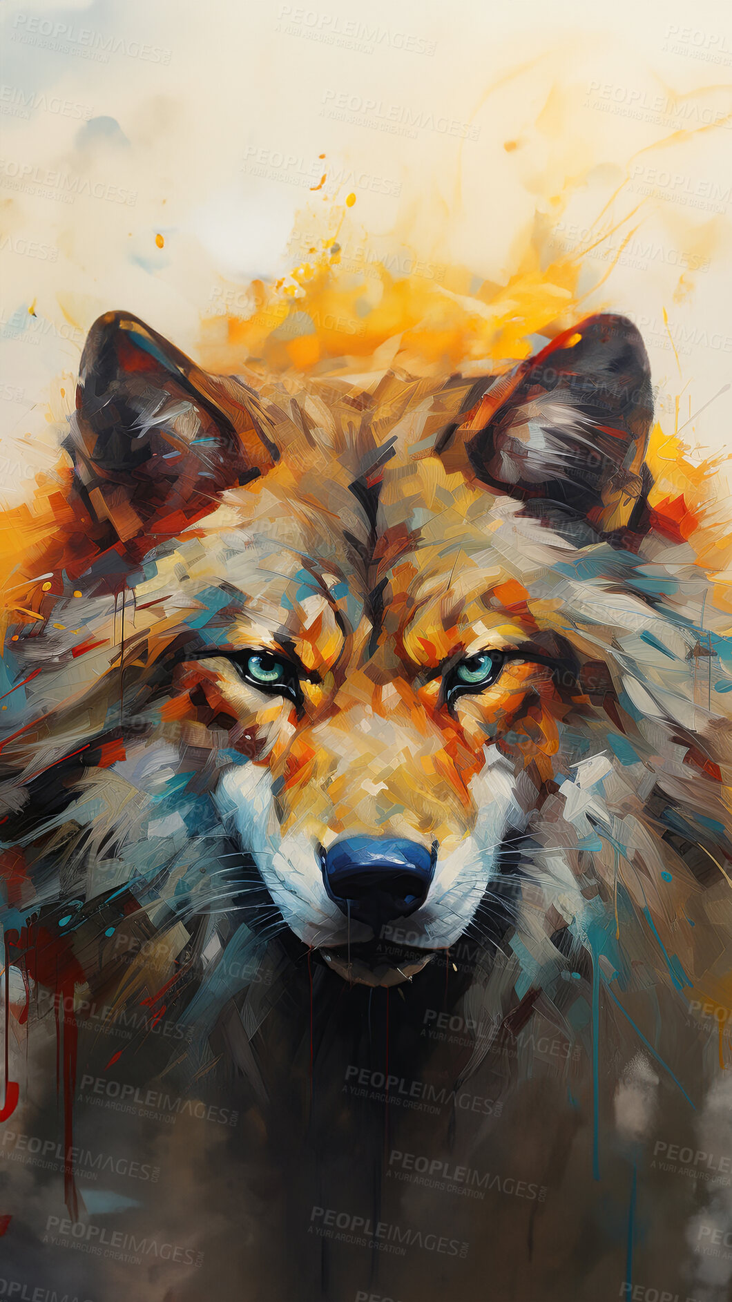 Buy stock photo Vibrant wolf, expressive painting, wild and colorful. Energetic, nature-inspired art for decor, prints and creative expressions. On a dynamic canvas with a touch of untamed beauty.