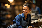 Woman, entrepreneur and cashier with cash register for management, small business or leadership. Positive, confident and proud for retail, shop and service industry with grocery store background