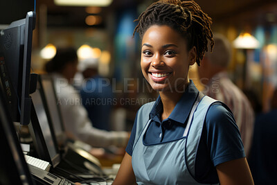 Woman, cashier and portrait with cash register for management, small business or leadership. Positive, confident and proud for retail, shop and service industry with grocery store background
