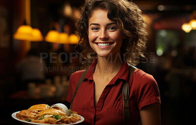 Woman, entrepreneur and portrait with food for management, small business or leadership. Positive, confident and proud for retail, restaurant and service industry with apron and fine dining