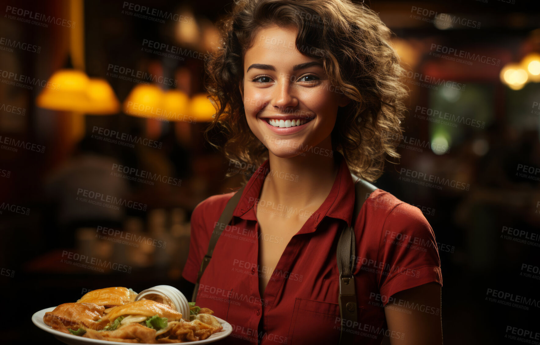 Buy stock photo Woman, entrepreneur and portrait with food for management, small business or leadership. Positive, confident and proud for retail, restaurant and service industry with apron and fine dining