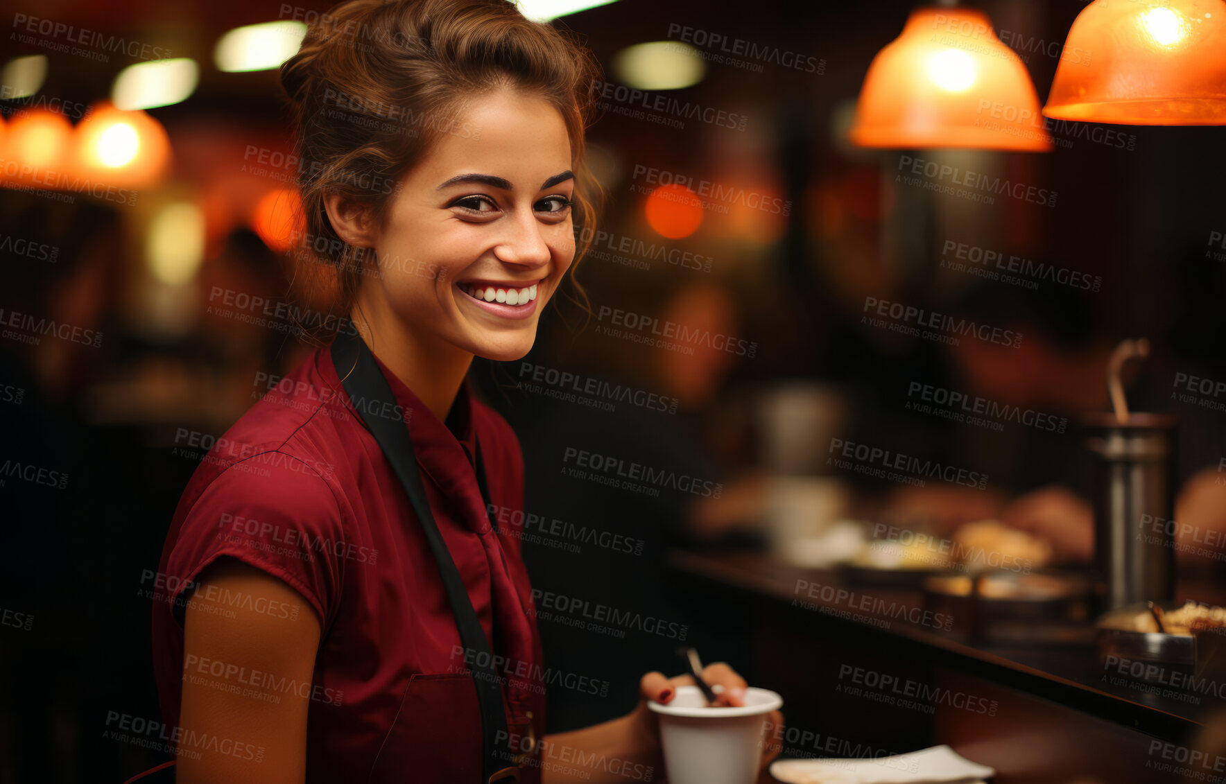 Buy stock photo Woman, entrepreneur and portrait with food for management, small business or leadership. Positive, confident and proud for retail, restaurant and service industry with apron and fine dining