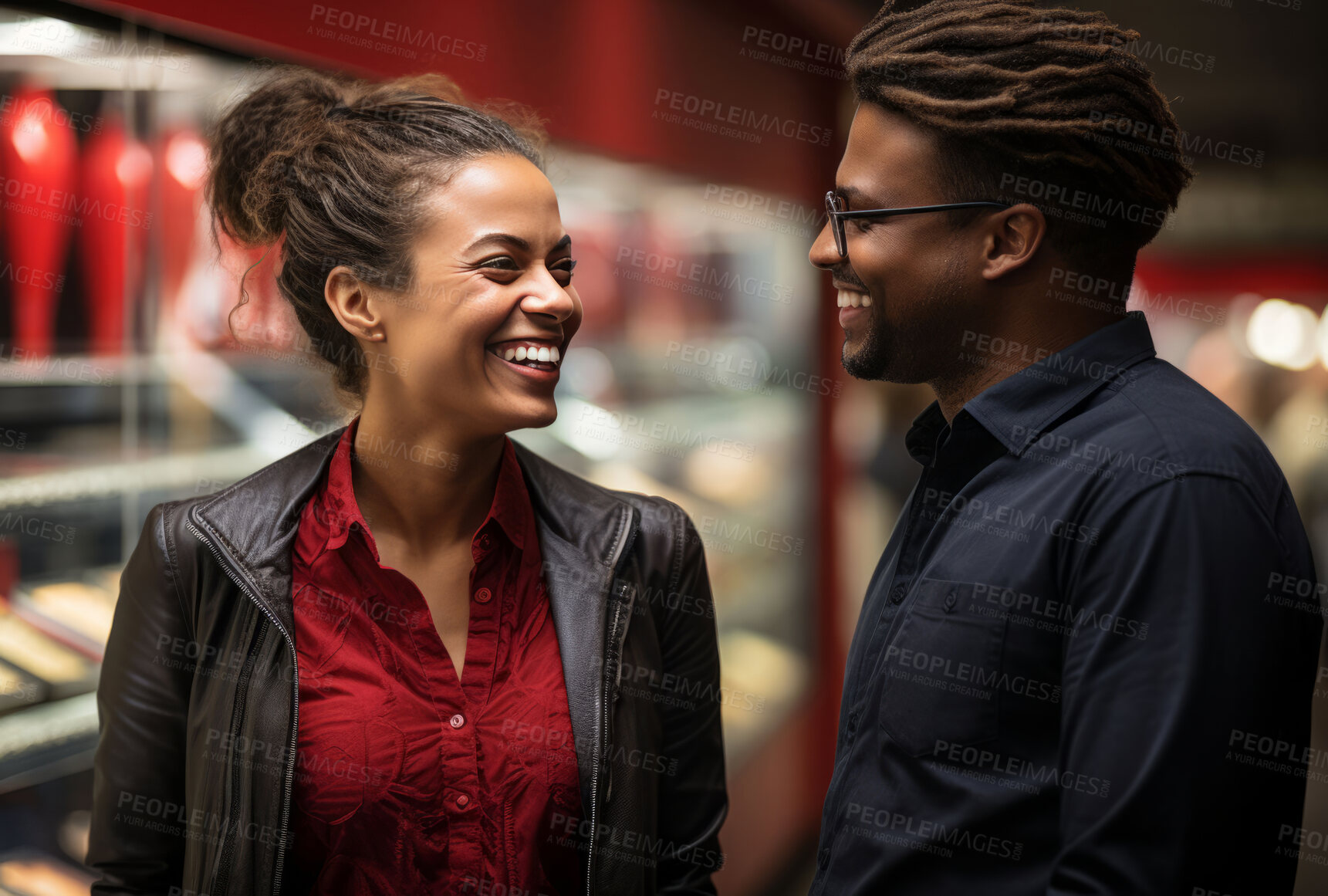 Buy stock photo Happy woman, worker and portrait with smile for management, small business or casino staff. Positive, confident and proud person for retail, restaurant and service industry with evening lights