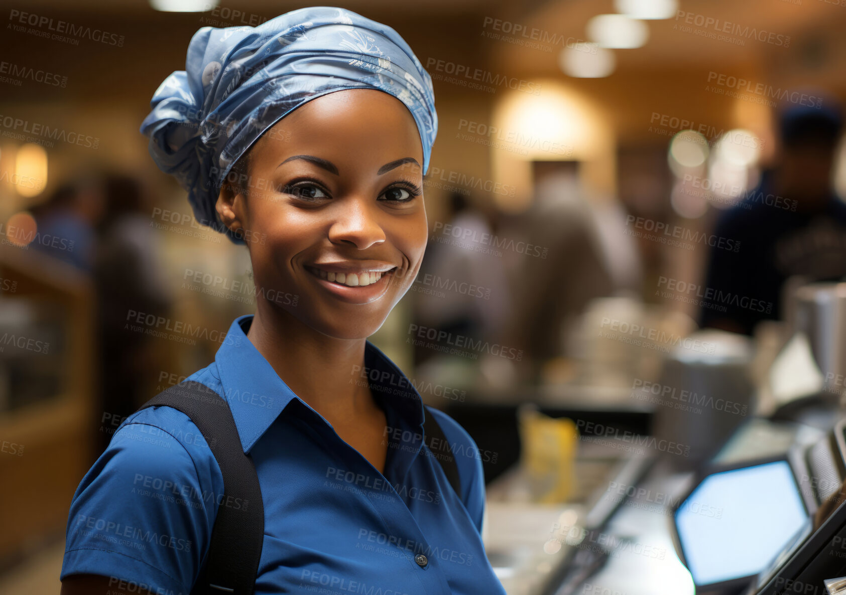 Buy stock photo Woman, entrepreneur and portrait with cash register for management, small business or leadership. Positive, confident and proud for retail, shop and service industry with grocery store background